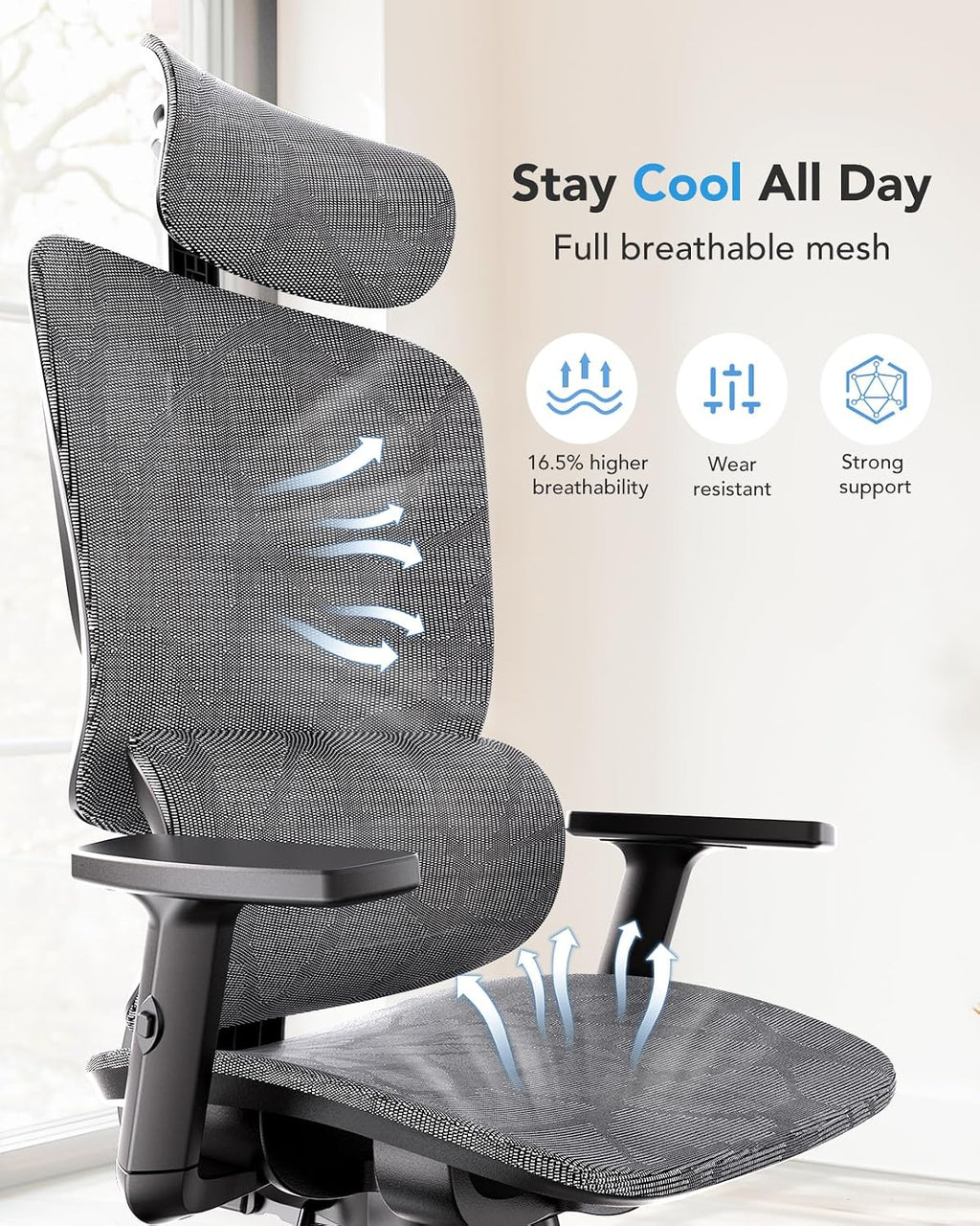 HUANUO Ergonomic Mesh Office Chair with 5-Level Lumbar Support, Computer Gaming Chair with Adjustable Headrest & Armrests, Rocking Tilt, Comfortable High Back Desk Chair for Home Office