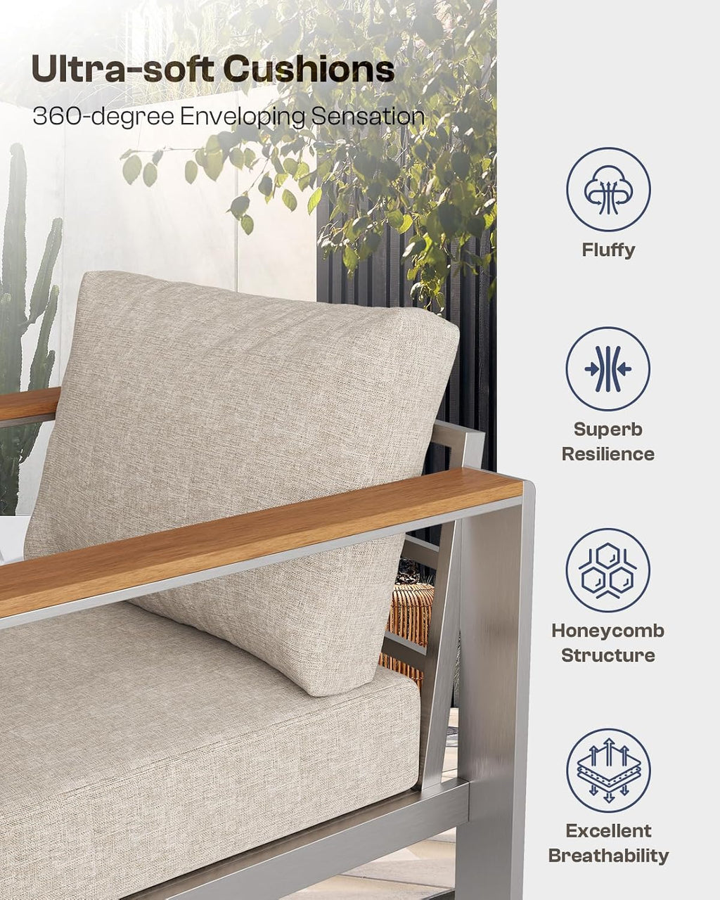 Aluminum Outdoor Patio Furniture Armchair, All-Weather Outdoor Patio Sofa with Washable Thick Cushion, Patio Sofa Couch Set of 2 for Porch, Balcony, Deck, Yard, Silver