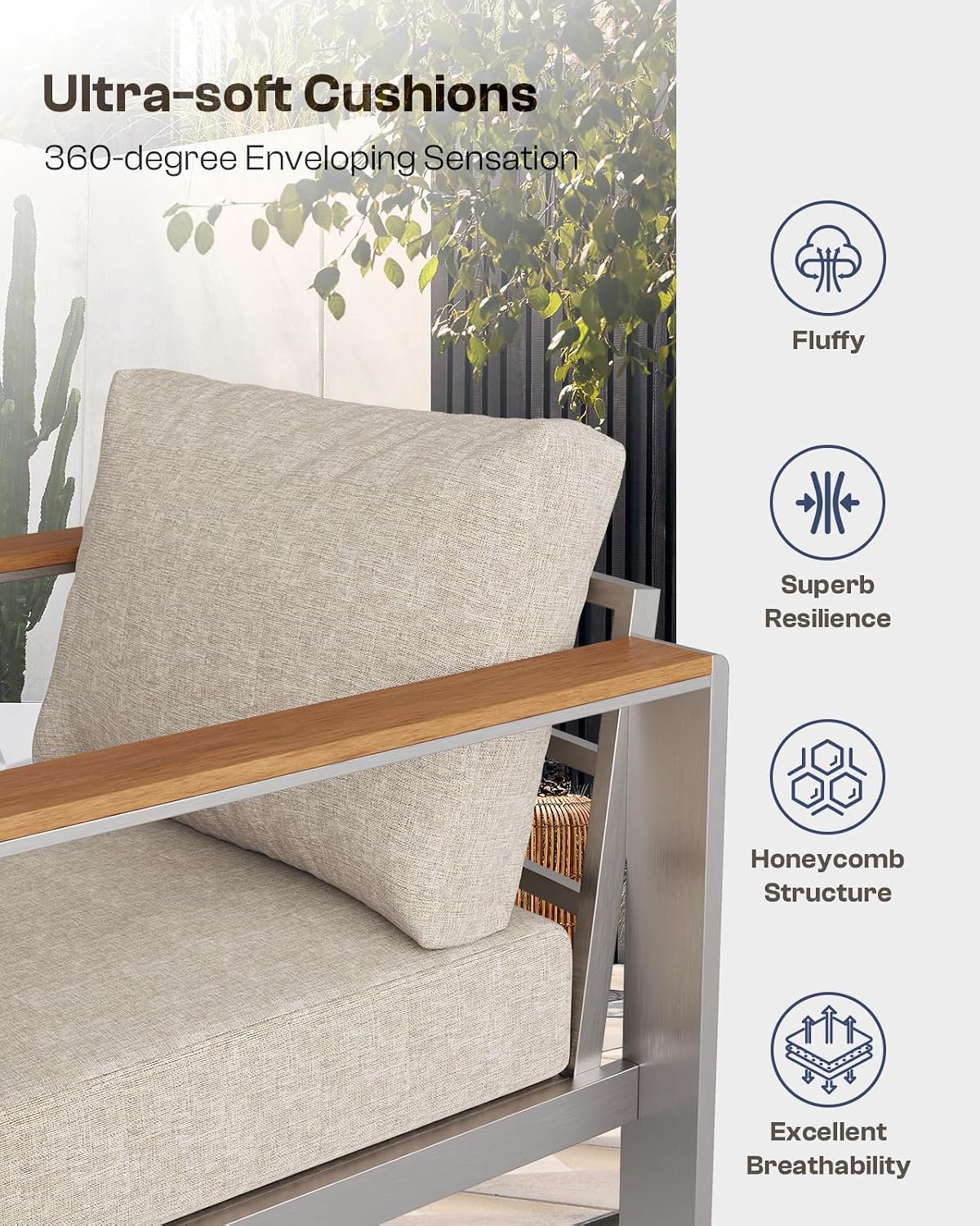 Aluminum Outdoor Patio Furniture Armchair, All-Weather Outdoor Patio Sofa with Washable Thick Cushion, Patio Sofa Couch Set of 2 for Porch, Balcony, Deck, Yard, Silver