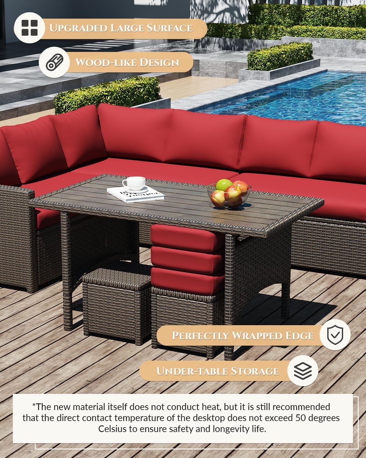 U-MAX 7 Pieces Patio Furniture Set, Outdoor Sectional Sofa Conversation Set, All Weather Wicker Rattan Dining Table & Chair with Ottoman, Brown Rattan&Red Cushion