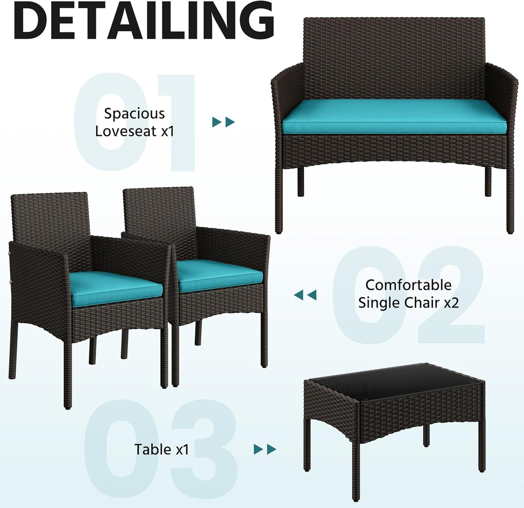 Yaheetech Patio Furniture Set 4 Pieces Conversation Sets, Rattan Chair Wicker Set Loveseat with Soft Cushion and Glass Table for Backyard Porch Garden Poolside Balcony, Brown and Cyan