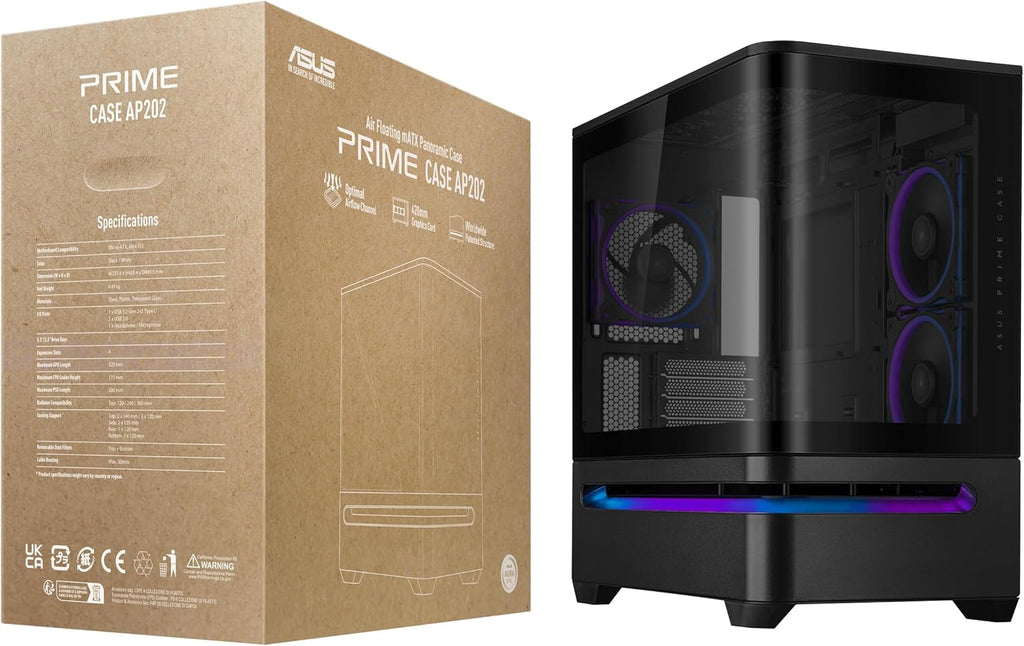 ASUS Prime AP202 ARGB Black mATX pc case with Fully Tempered Curved Glass, Supports Graphics Cards up to 420mm Long, 360mm Long radiators, Easy-Detach Rail, Patented Slot Vent, 3 Built-in ARGB Fans