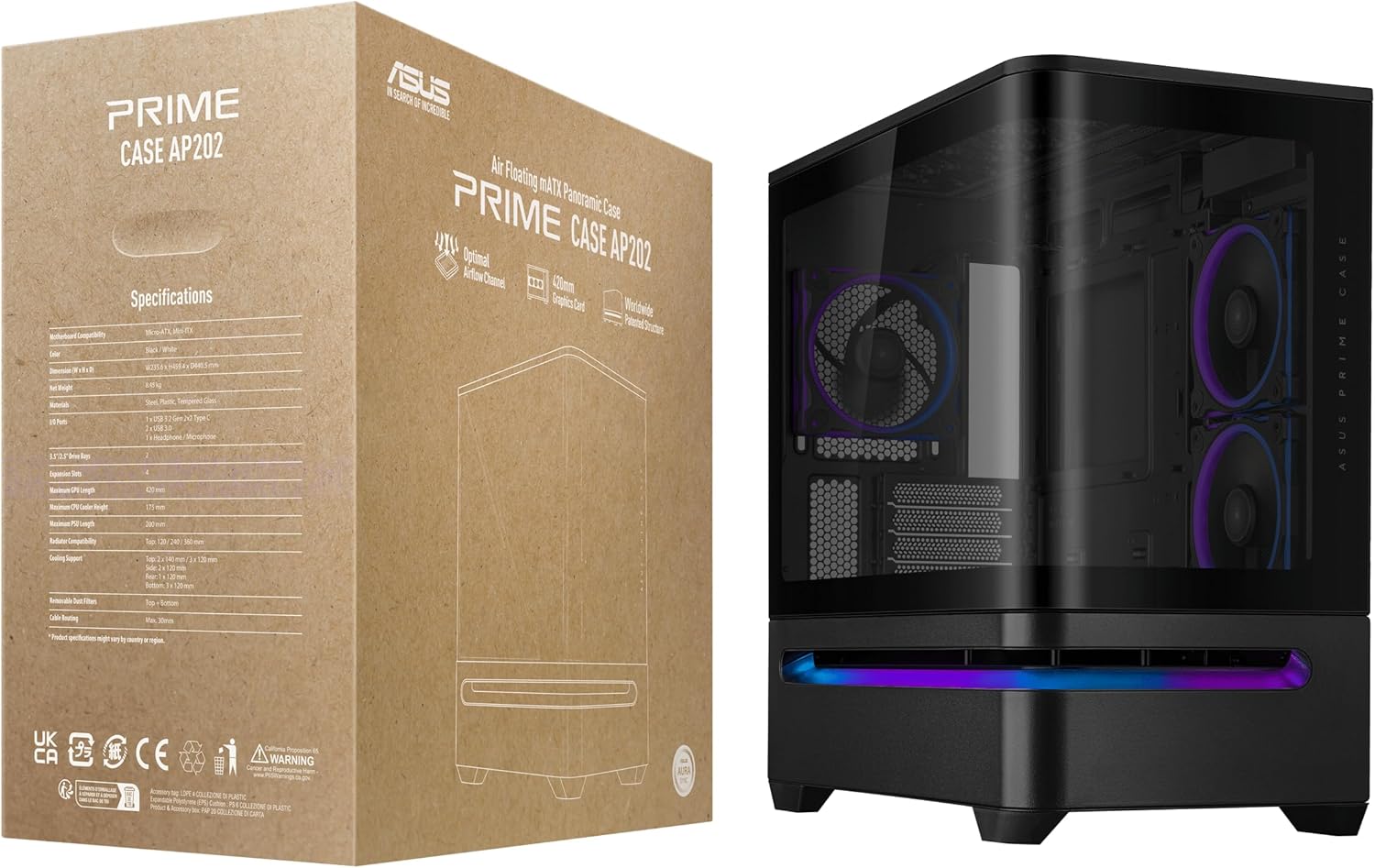 ASUS Prime AP202 ARGB Black mATX pc case with Fully Tempered Curved Glass, Supports Graphics Cards up to 420mm Long, 360mm Long radiators, Easy-Detach Rail, Patented Slot Vent, 3 Built-in ARGB Fans