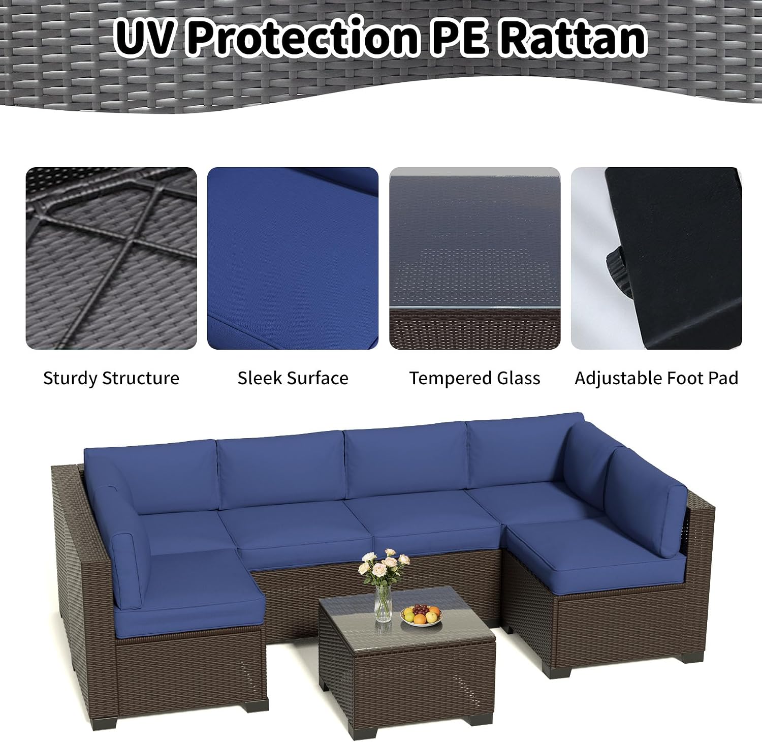 YLGJ&TIDY 7-Piece Outdoor Sectional Patio Furniture Set, All-Weather Wicker Rattan Sofa w/Thick Washable Cushions & Tempered Glass Table, Perfect for Garden, Poolside, Backyard (7, Navy Blue)