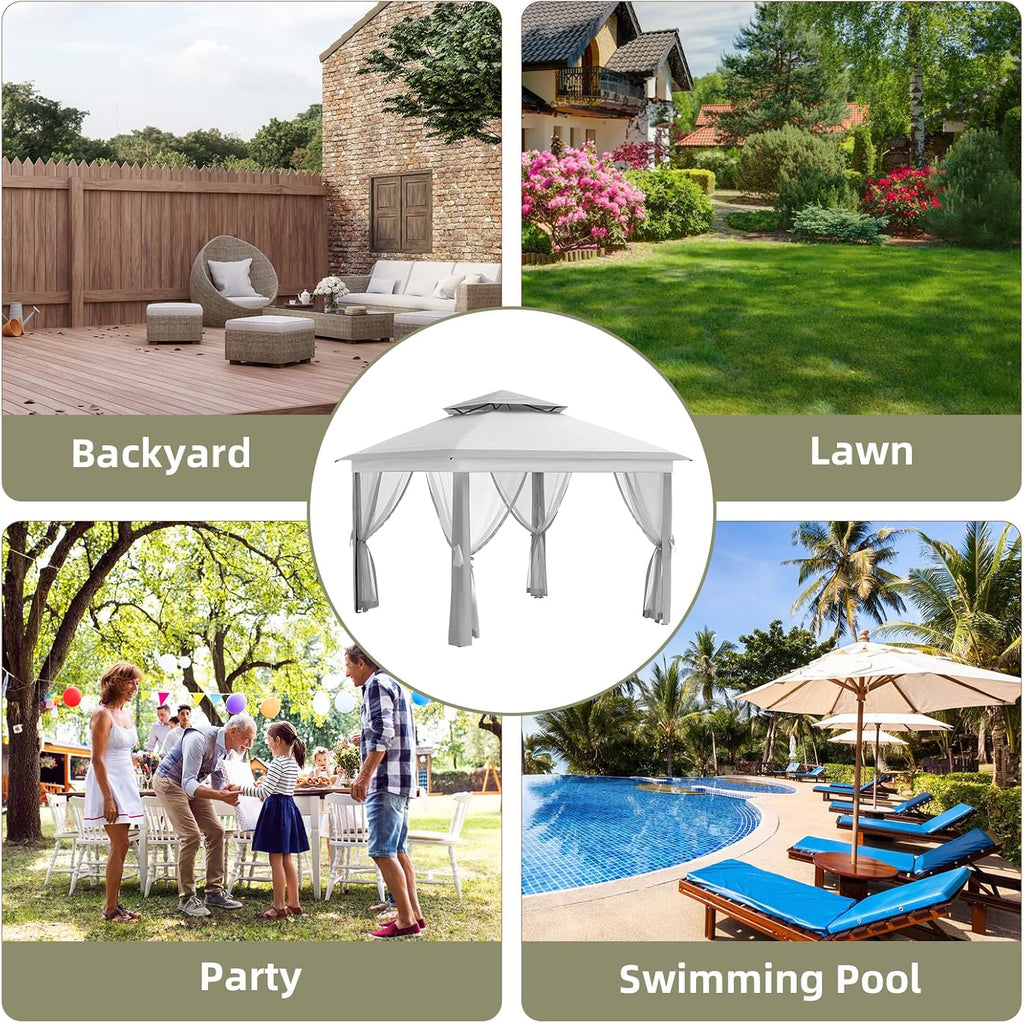 11x11 FT Outdoor Gazebo, Heavy Duty Pavilion With Sturdy Metal Frame & Double Roofs, Patio Shelter With Mosquito Netting, Ideal for Backyard, Garden, Lawn, Deck, Light Grey