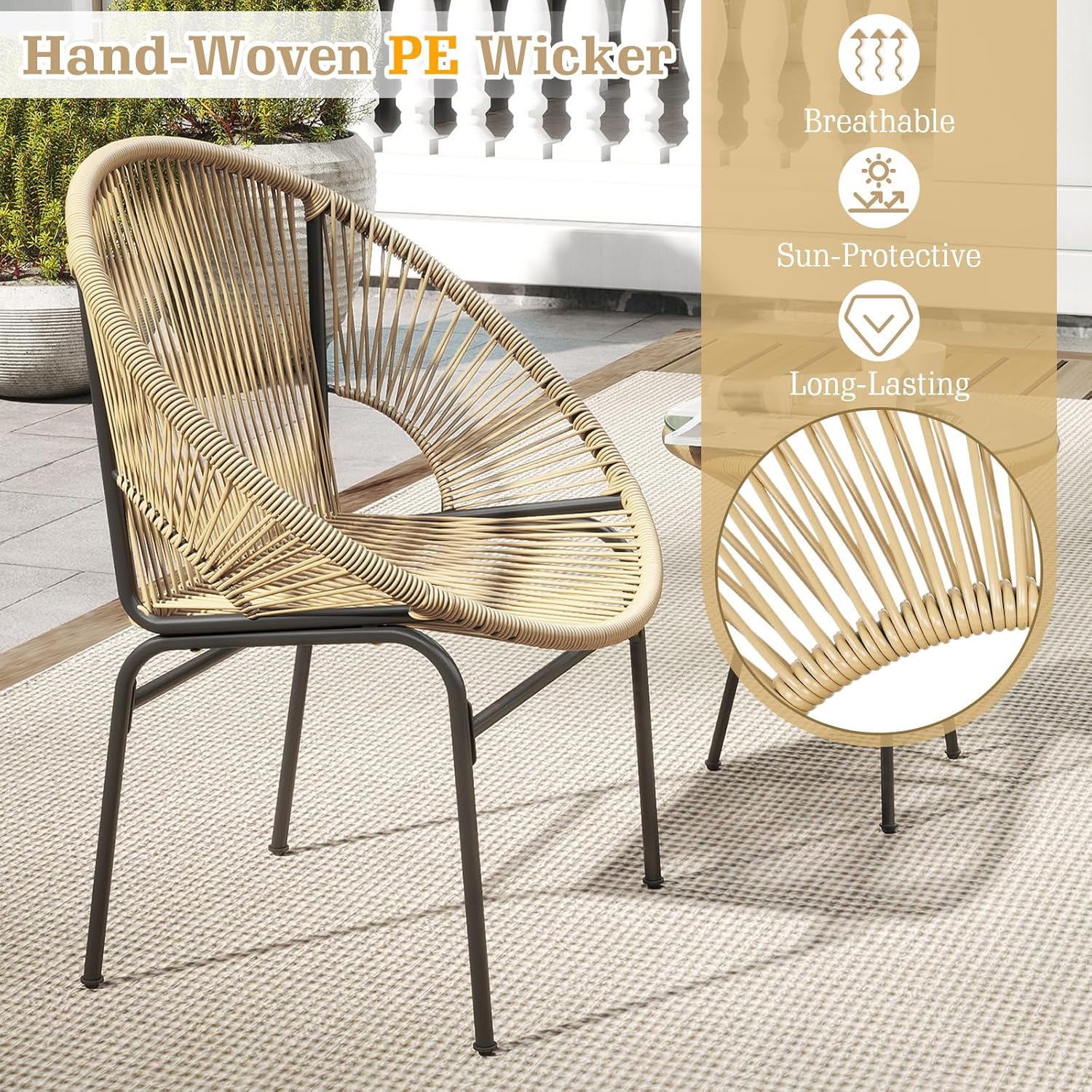 Tangkula 3 Piece Outdoor Patio Furniture Set, Acapulco Chair Set w/Plastic Rope, Tempered Glass Table, All Weather Patio Bistro Set for Patio, Lawn, Garden, Backyard (Brown)