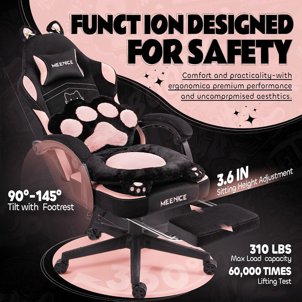 Pink Gaming Chair Cute with Cat Ears Paw Lumbar and Cushion,Ergonomic Computer Chair with Footrest,Reclining PC Game Chair for Girl Computer Chair 300lbs for Adult