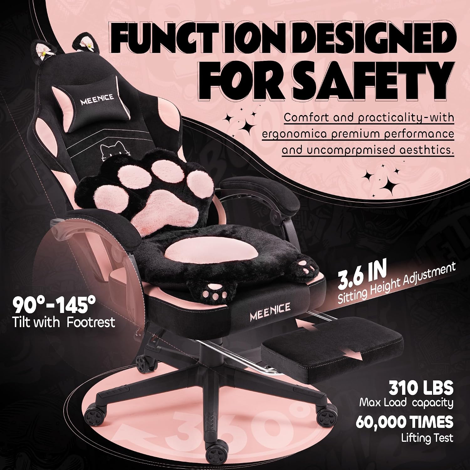 Pink Gaming Chair Cute with Cat Ears Paw Lumbar and Cushion,Ergonomic Computer Chair with Footrest,Reclining PC Game Chair for Girl Computer Chair 300lbs for Adult