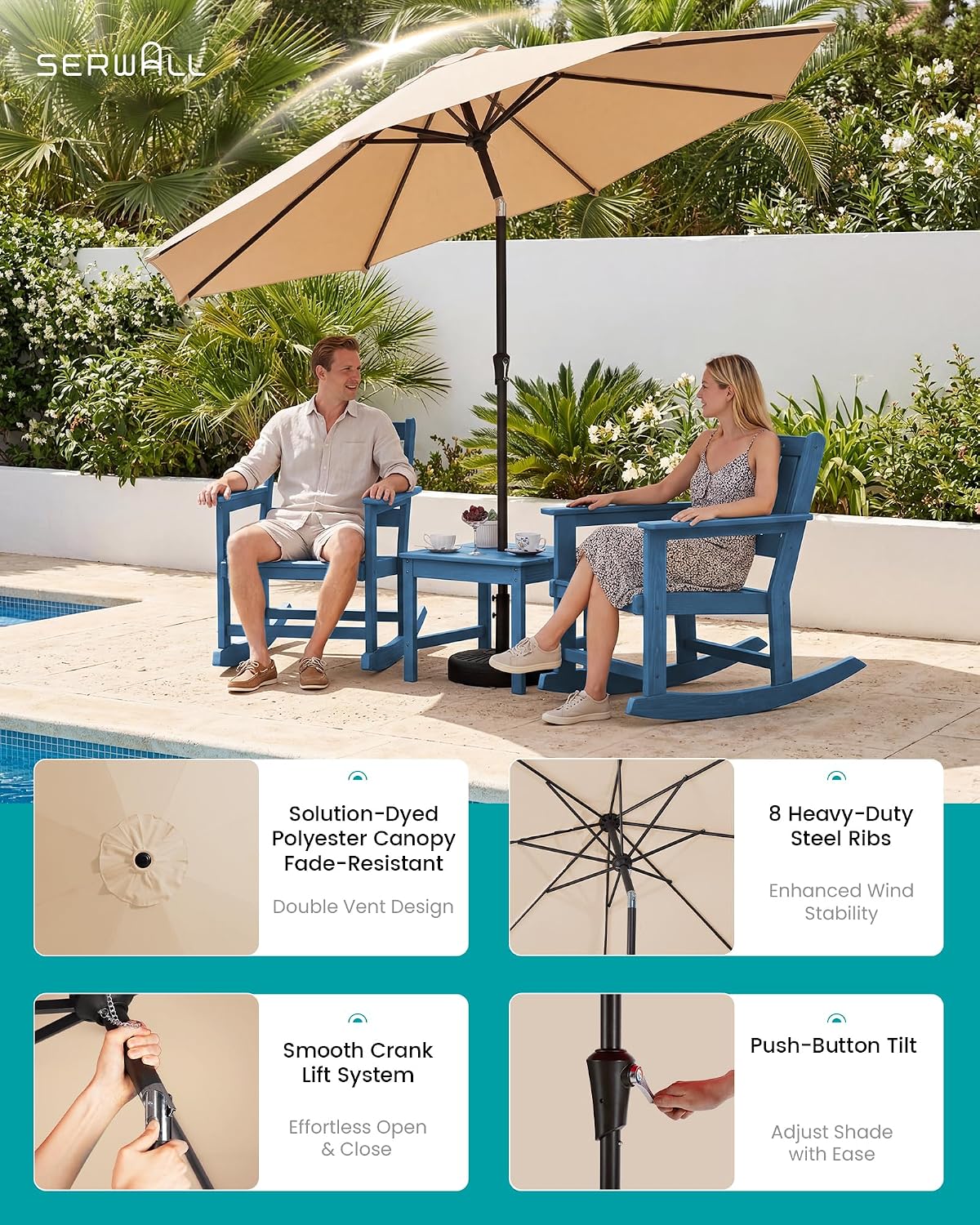 SERWALL Outdoor Rocking Chairs Set of 2 with 1 Side Table & 9ft Patio Umbrella, All-Weather HDPE 3 Piece Patio Furniture Set(Umbrella Base Not Included), Blue