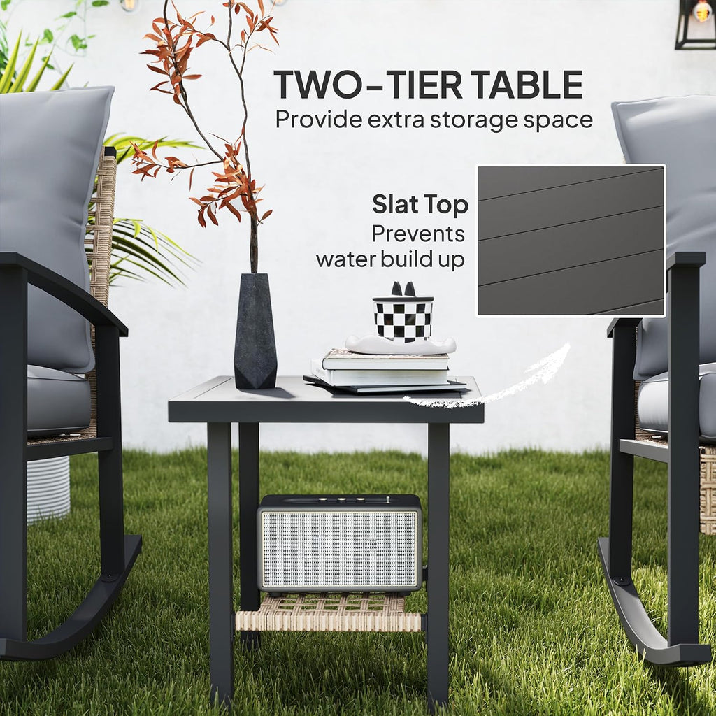 Outsunny 3 Pieces Rocking Wicker Outdoor Bistro Set, Rattan Patio Furniture Set with Coffee Table and Porch Chairs, Button Tufted Cushions for Backyard, Balcony, Garden, Gray