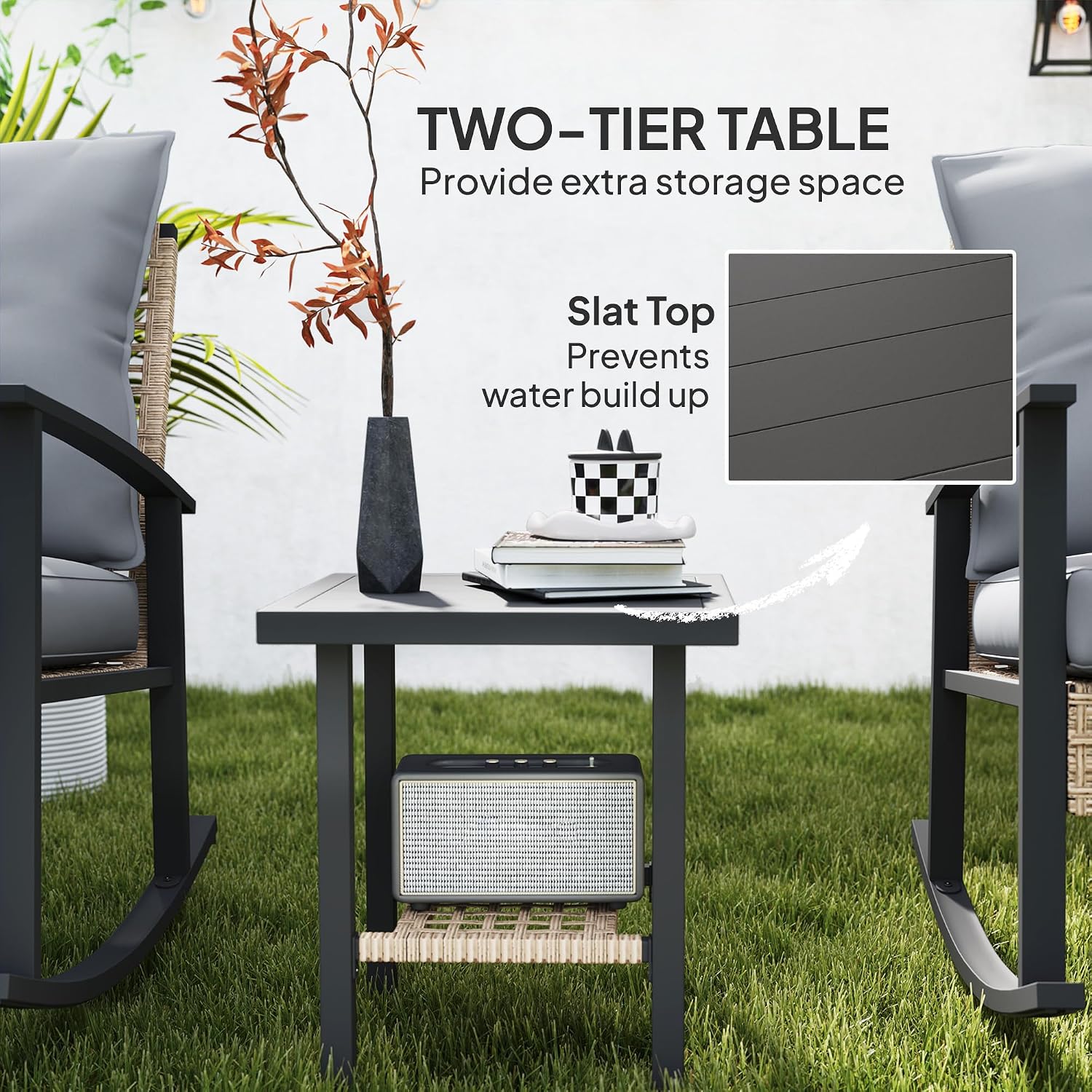 Outsunny 3 Pieces Rocking Wicker Outdoor Bistro Set, Rattan Patio Furniture Set with Coffee Table and Porch Chairs, Button Tufted Cushions for Backyard, Balcony, Garden, Gray