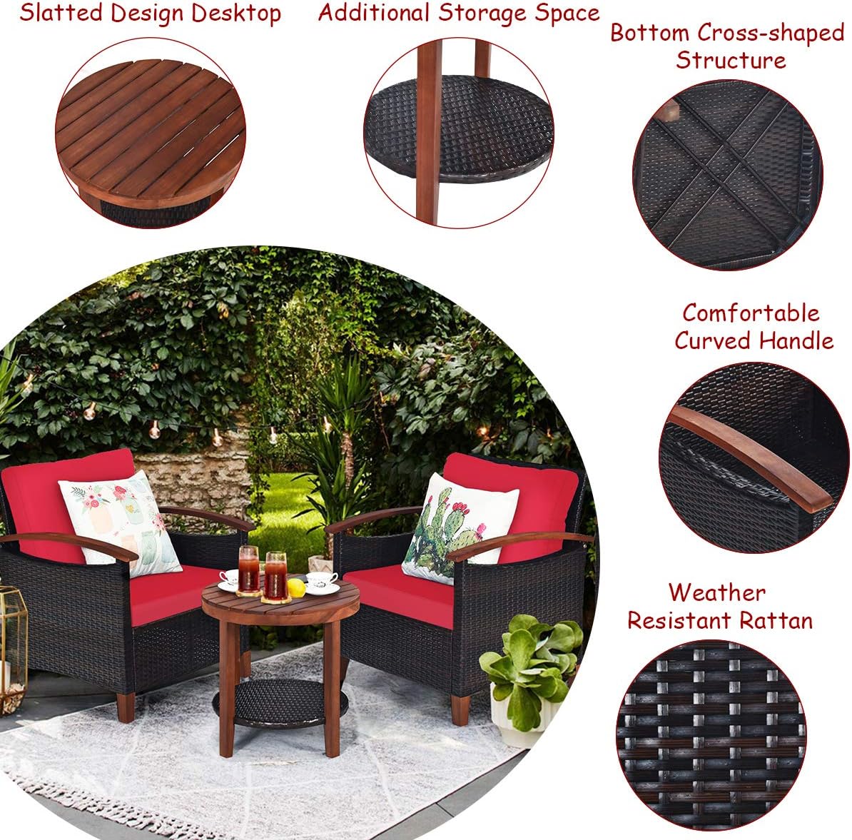 Tangkula 3 Pieces Patio Furniture Set, Outdoor Rattan Sofa and Side Table w/Solid Acacia Wood Frame, High Load Bearing Conversation Bistro Set w/Washable and Removable Cushions (Red)