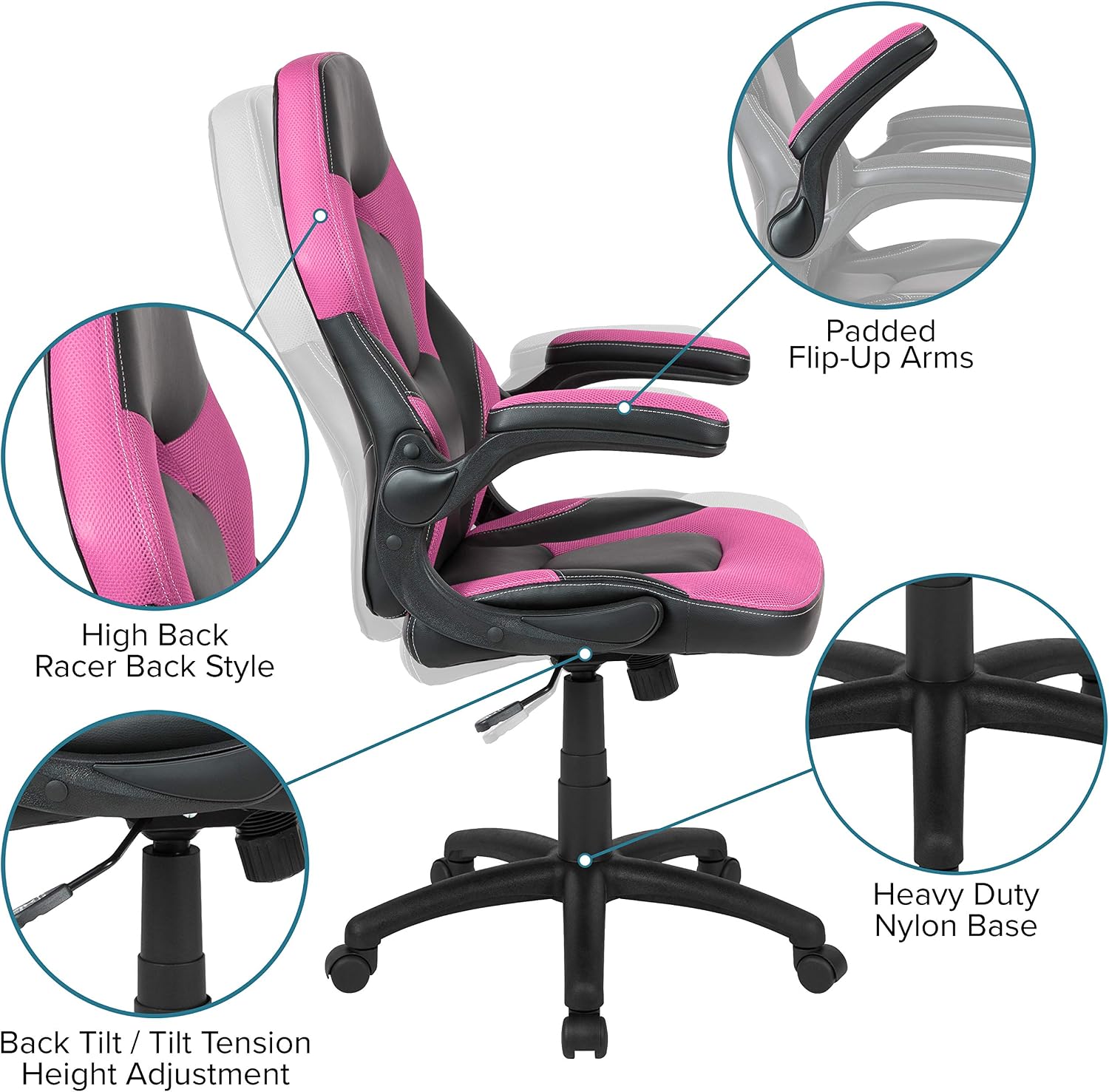 Flash Furniture X10 High-Back LeatherSoft Racing Style Gaming Chair with Flip-Up Arms, Ergonomic Padded Swivel Computer Chair, Pink/Black