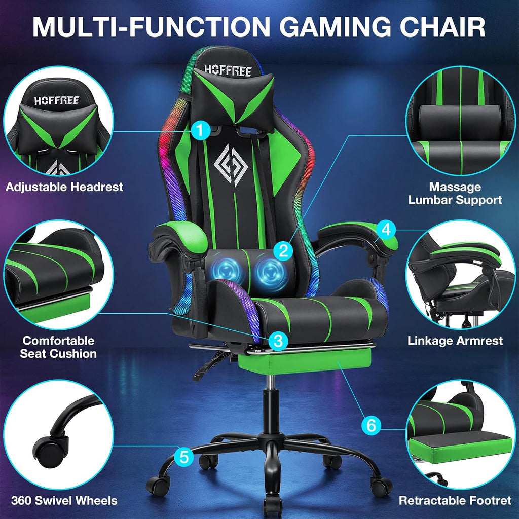 RGB Gaming Chair with LED Lights Massage Ergonomic Computer Gaming Chair High Back Video Game Chair with Footrest and Adjustable Lumbar Support Linkage Armrest Gamer Chairs for Adults Green and Black