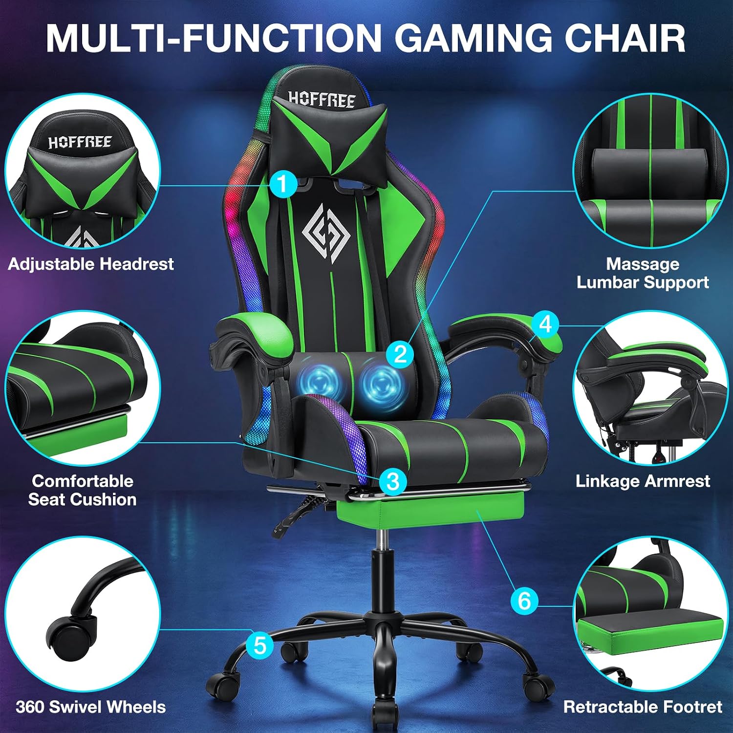 RGB Gaming Chair with LED Lights Massage Ergonomic Computer Gaming Chair High Back Video Game Chair with Footrest and Adjustable Lumbar Support Linkage Armrest Gamer Chairs for Adults Green and Black