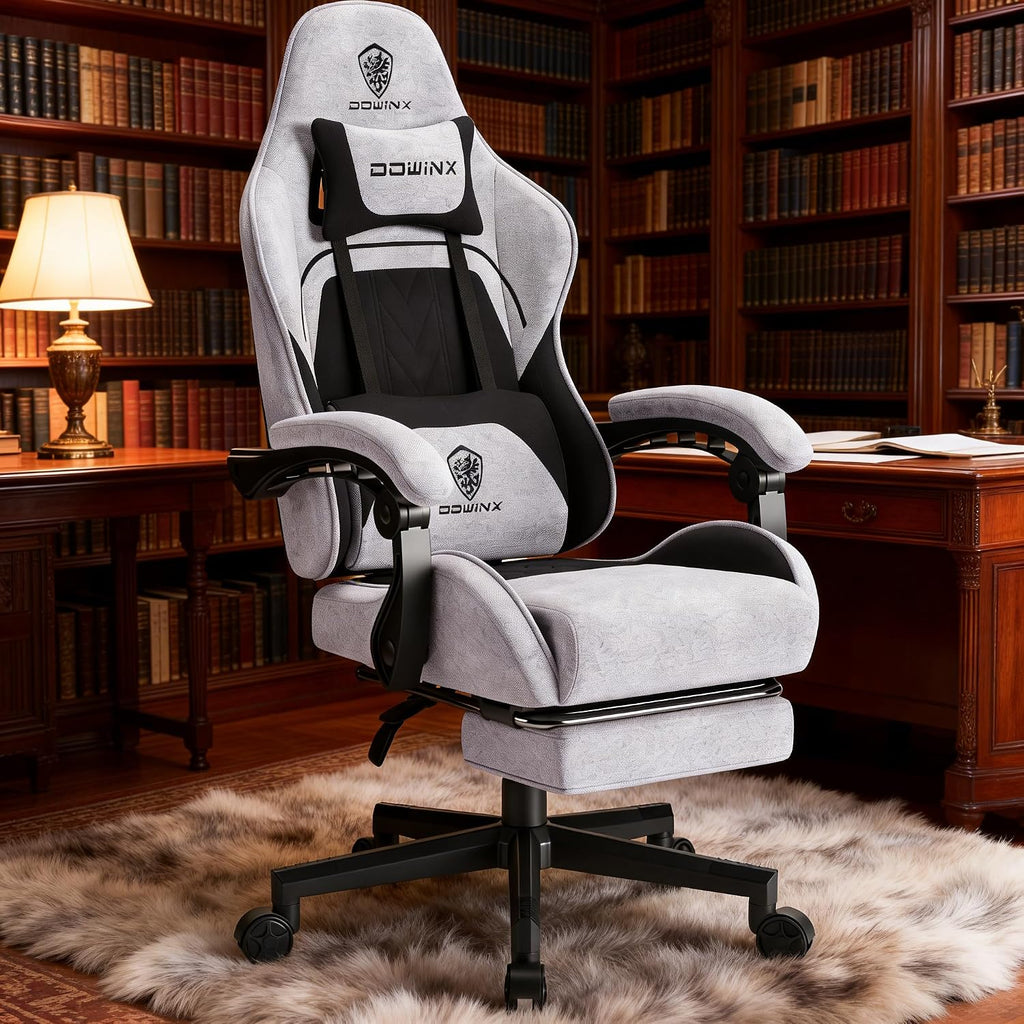 Dowinx Gaming Chair Fabric with Coil Spring Cushion, Ergonomic Game Chair for Adults with Footrest and Massage Lumbar Support, Cloth Computer Office Chair 350LBS, Black Grey
