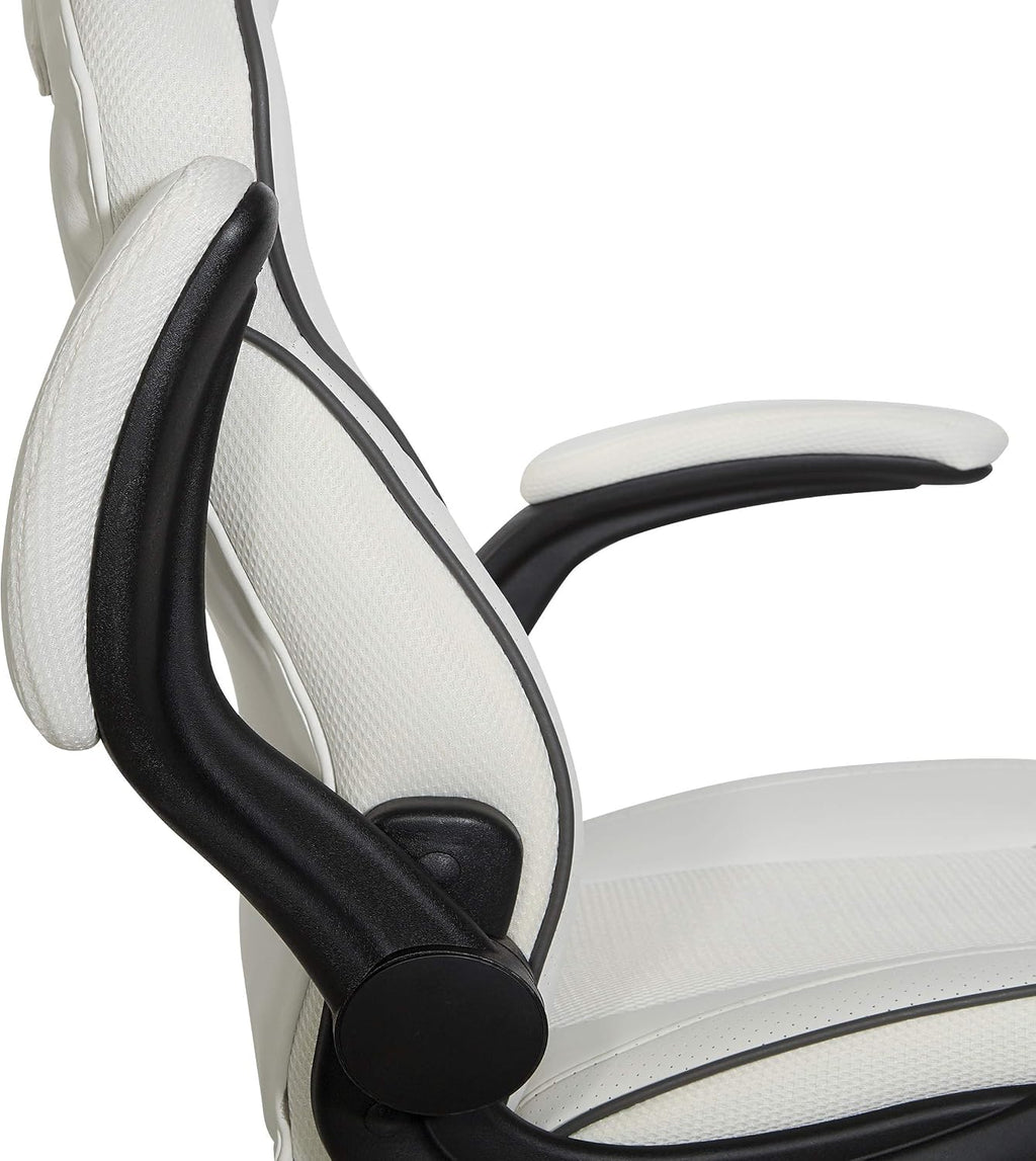 OSP Home Furnishings Xeno Ergonomic Adjustable Faux Leather Gaming Chair with Integrated Headrest and Airflow Cooling Material, White with Black Accents
