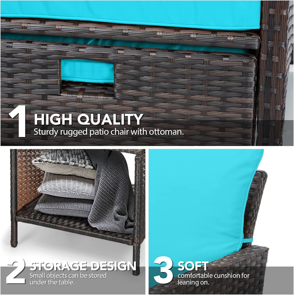 LEVELEVE Balcony Furniture 5 Piece Patio Conversation Set, PE Wicker Rattan Outdoor Lounge Chairs with Soft Cushions 2 Ottoman&Glass Table for Porch, Lawn-Brown Wicker
