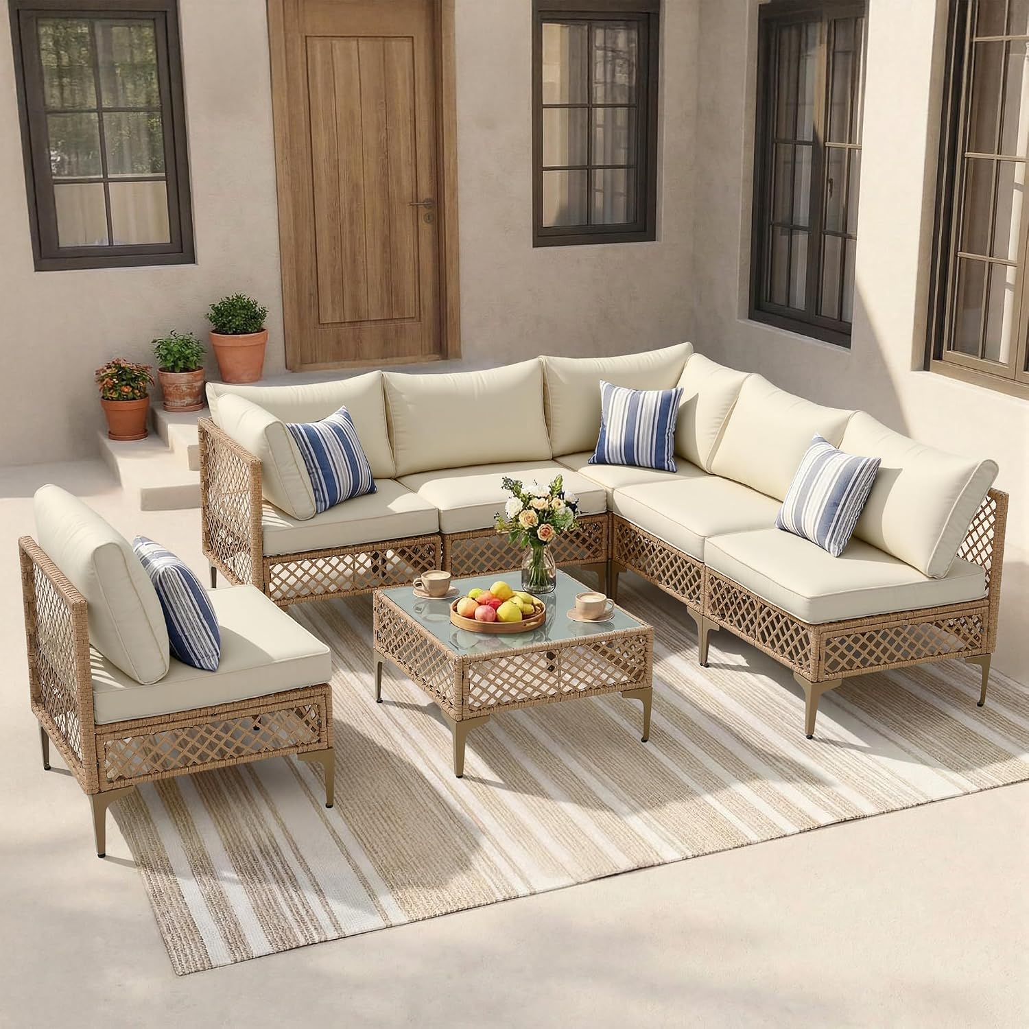FHFO 7 Piece Patio Furniture Set, Outdoor Wicker Modular Sectional Patio Conversation Set with Thicker Cushion & Tempered Glass Coffee Table for Backyard, Poolside, Porch (Yellow/Beige)