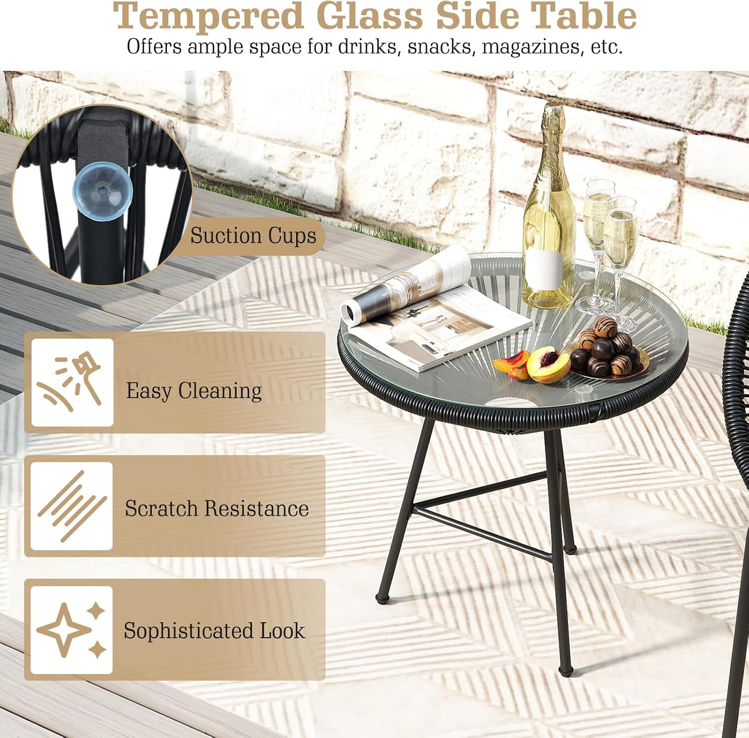 Tangkula 3 Piece Outdoor Patio Furniture Set, Acapulco Chair Set w/Plastic Rope, Tempered Glass Table, All Weather Patio Bistro Set for Patio, Lawn, Garden, Backyard (Black)