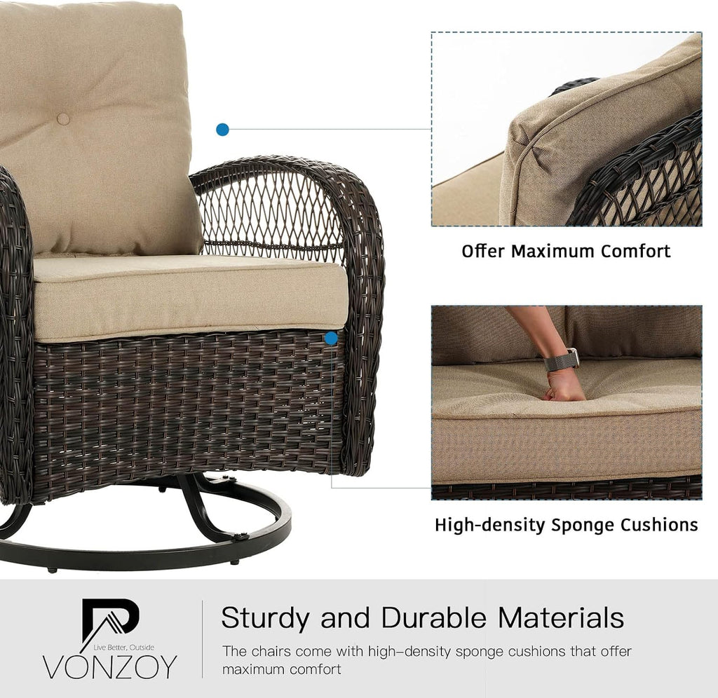 3 Pieces Patio Furniture Set, Outdoor Swivel Glider Rocker, Wicker Patio Bistro Set with Rocking Chair, Thickened Cushions and Table for Porch (Khaki)