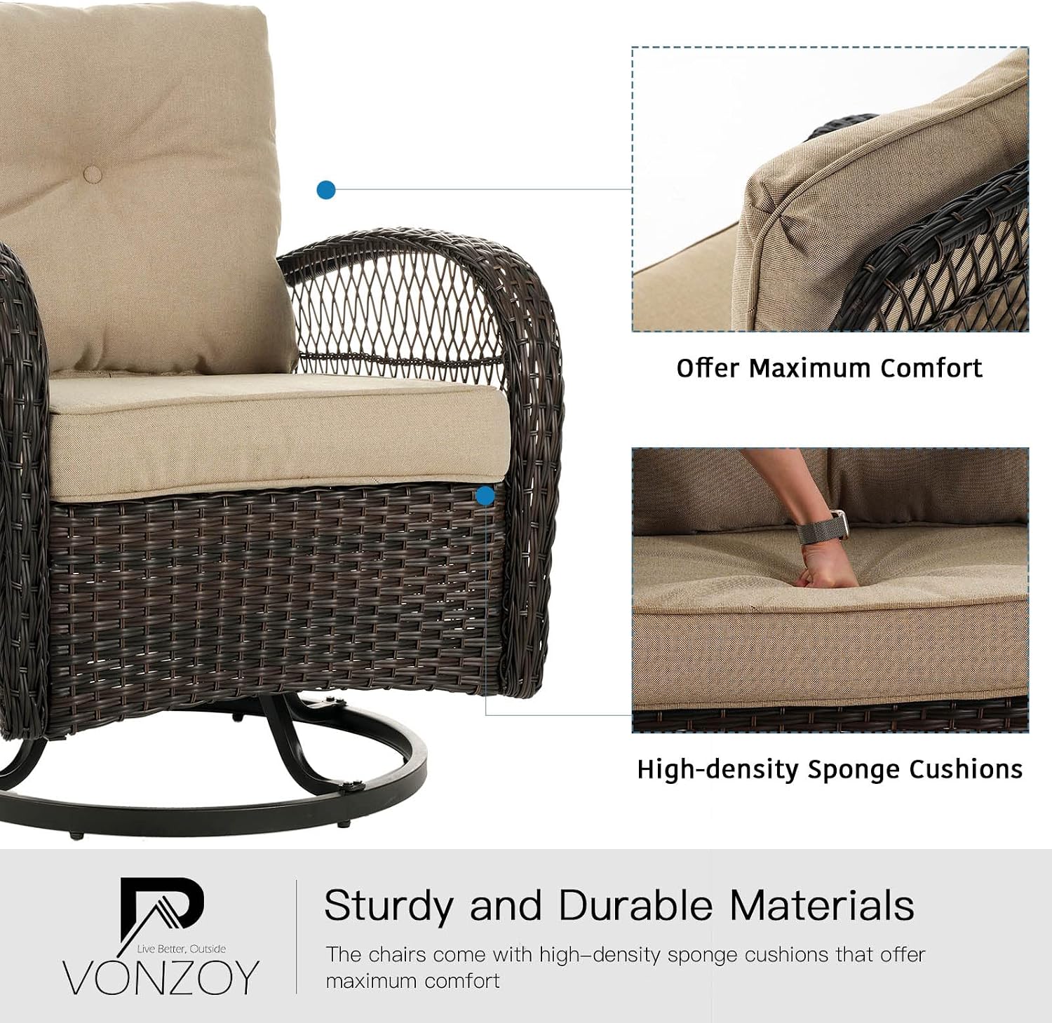 3 Pieces Patio Furniture Set, Outdoor Swivel Glider Rocker, Wicker Patio Bistro Set with Rocking Chair, Thickened Cushions and Table for Porch (Khaki)