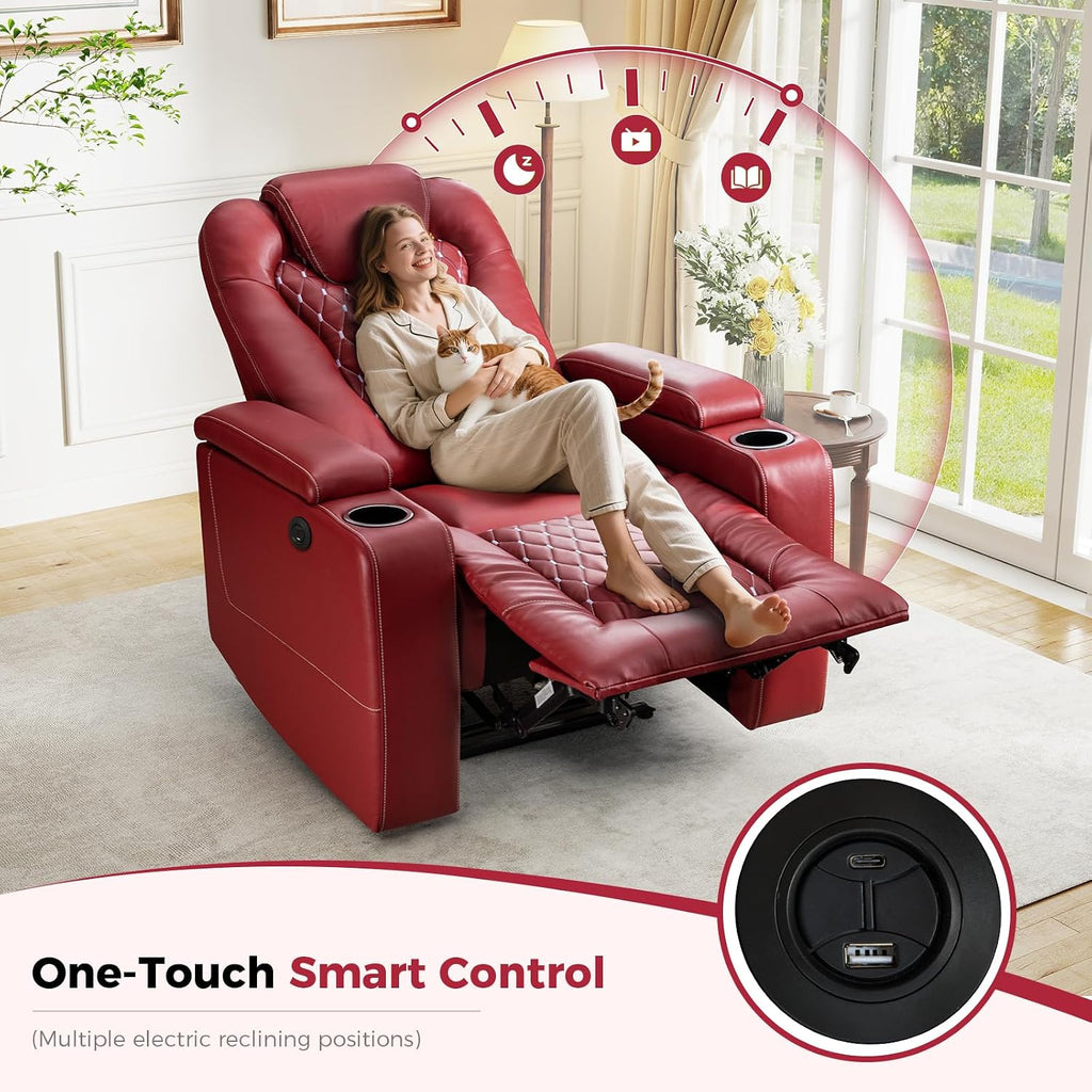 ANJ Power Recliner Chair Set of 3, Electric Soft Faux Leather Reclining Home Theater Seating - USB Ports, Cup Holders, Hidden Arm Storage Movie & Media Room Chairs (Red)