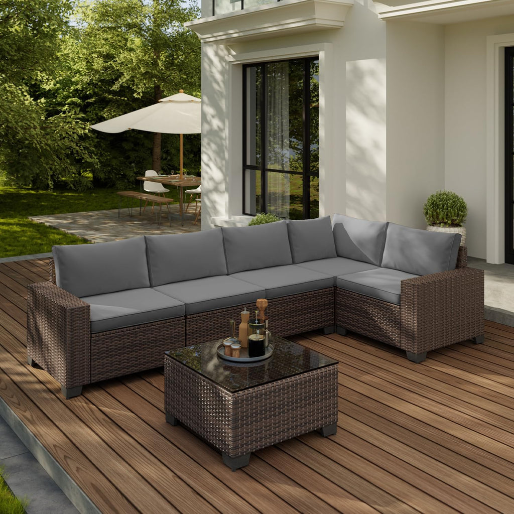 Gizoon 6-Piece Outdoor Patio Furniture Set, PE Wicker Rattan Sectional Sofa Conversation Set with Thickened Cushions and Coffee Table, All-Weather Patio Furniture for Garden, Backyard, Poolside, Grey