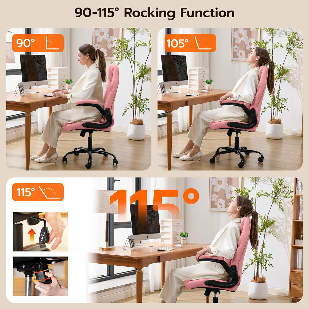 Ylzyxal Office Desk Chair, Ergonomic Computer Chair with Padded Flip-Up Arms and Adjustable Lumbar Support, PU Leather Executive Chair with Tilt Lock and 360° Swivel Rolling Wheels for Work, Study