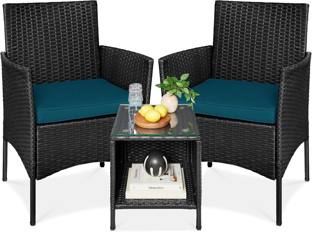 Best Choice Products 3-Piece Outdoor Wicker Conversation Bistro Set, Space Saving Patio Furniture for Garden w/Side Table - Black/Peacock
