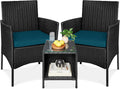 Best Choice Products 3-Piece Outdoor Wicker Conversation Bistro Set, Space Saving Patio Furniture for Garden w/Side Table - Black/Peacock