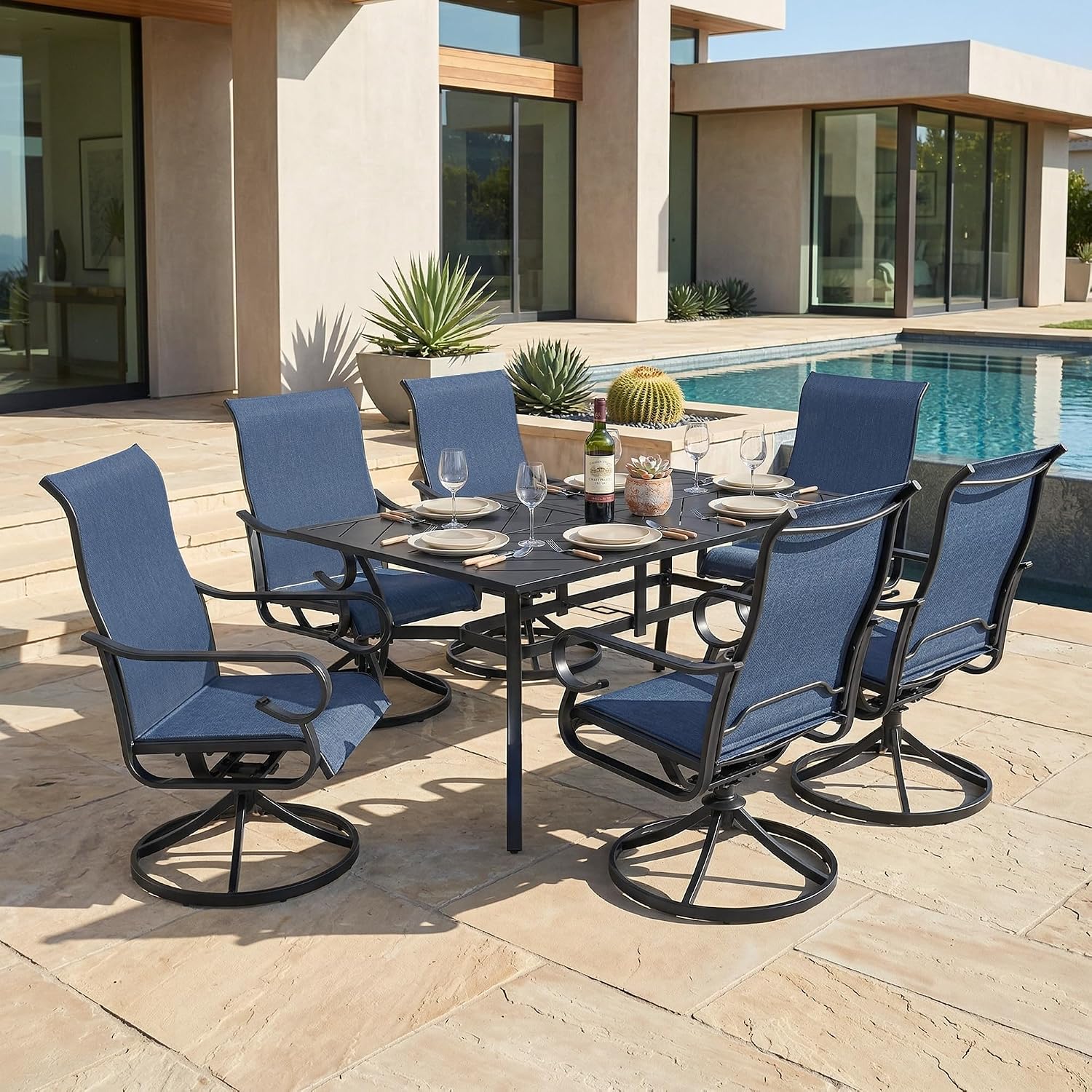 NUU GARDEN 7-Piece Outdoor Dining Set, Outdoor Table and Chair Set with Umbrella Hole, Breathable Textilene Dining Table Set, All Weather Outdoor Table and Chairs for 6, Swivel Design, Blue