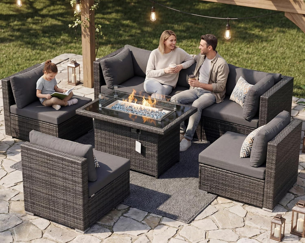 RADIATA 7 Piece Wicker Patio Furniture Set with Fire Pit, All-Weather Outdoor Sectional Couch High Back Large Size, Modular Backyard Seating Sofa Set with Propane/Natural Gas Firepit Table, Dark Gray