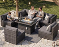 RADIATA 7 Piece Wicker Patio Furniture Set with Fire Pit, All-Weather Outdoor Sectional Couch High Back Large Size, Modular Backyard Seating Sofa Set with Propane/Natural Gas Firepit Table, Dark Gray