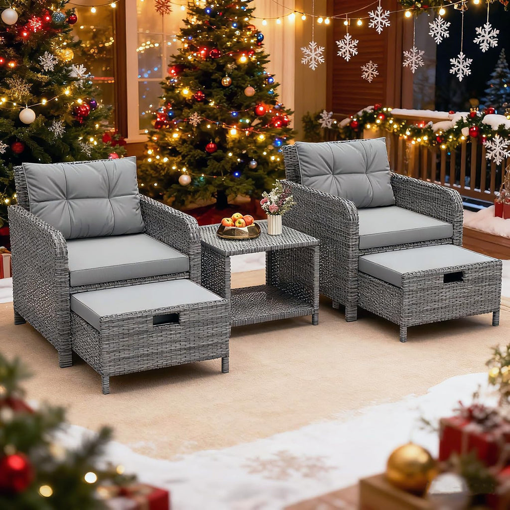 5 Pieces Patio Furniture Set, Hand-Woven Rattan Patio Conversation Set with Soft Cushions & Coffee Table, Outdoor Chairs with Hidden Ottoman for Porch, Lawn, Garden, Balcony, Grey