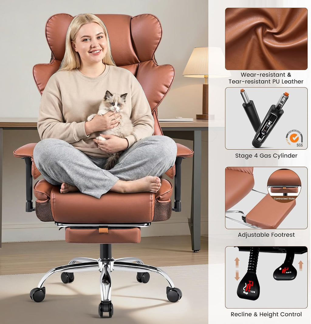 BESTFAIR Big and Tall Office Chair - 400 LBS Capacity Executive Chair with High Back & Footrest, Ergonomic Computer Gaming Chair for Heavy People, Wide Padded Seat, Brown PU Leather
