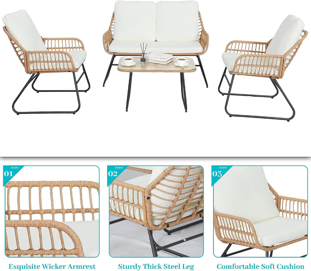 EortheX 4 Pieces Outdoor Patio Furniture Set,Patio Conversation Set,Rattan Wicker Bistro Sets with Loveseat Chairs and Modern Coffee Table for Backyard Deck Balcony and Garden Lounge Spaces - Beige