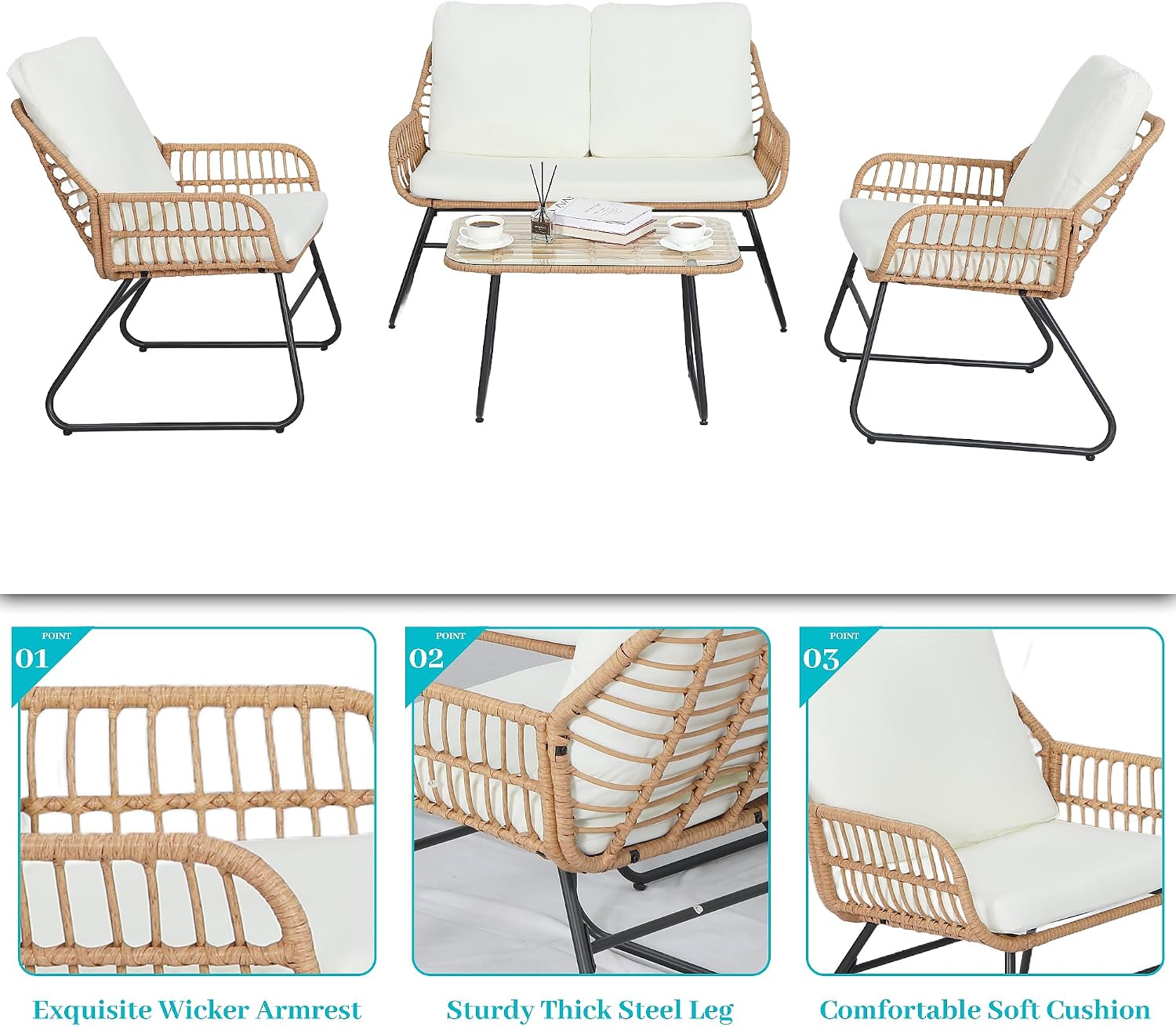 EortheX 4 Pieces Outdoor Patio Furniture Set,Patio Conversation Set,Rattan Wicker Bistro Sets with Loveseat Chairs and Modern Coffee Table for Backyard Deck Balcony and Garden Lounge Spaces - Beige