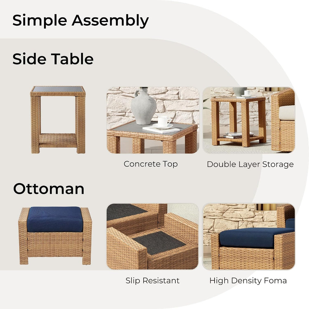 CHITA 5 Pieces Swivel Wicker Patio Furniture Set, Outdoor Conversation Set with 2 Pieces Rattan Swivel Chairs, 2 Pieces Ottomans, Thickened Cushions and Side Table, Blue Cushions with Brown Wicker