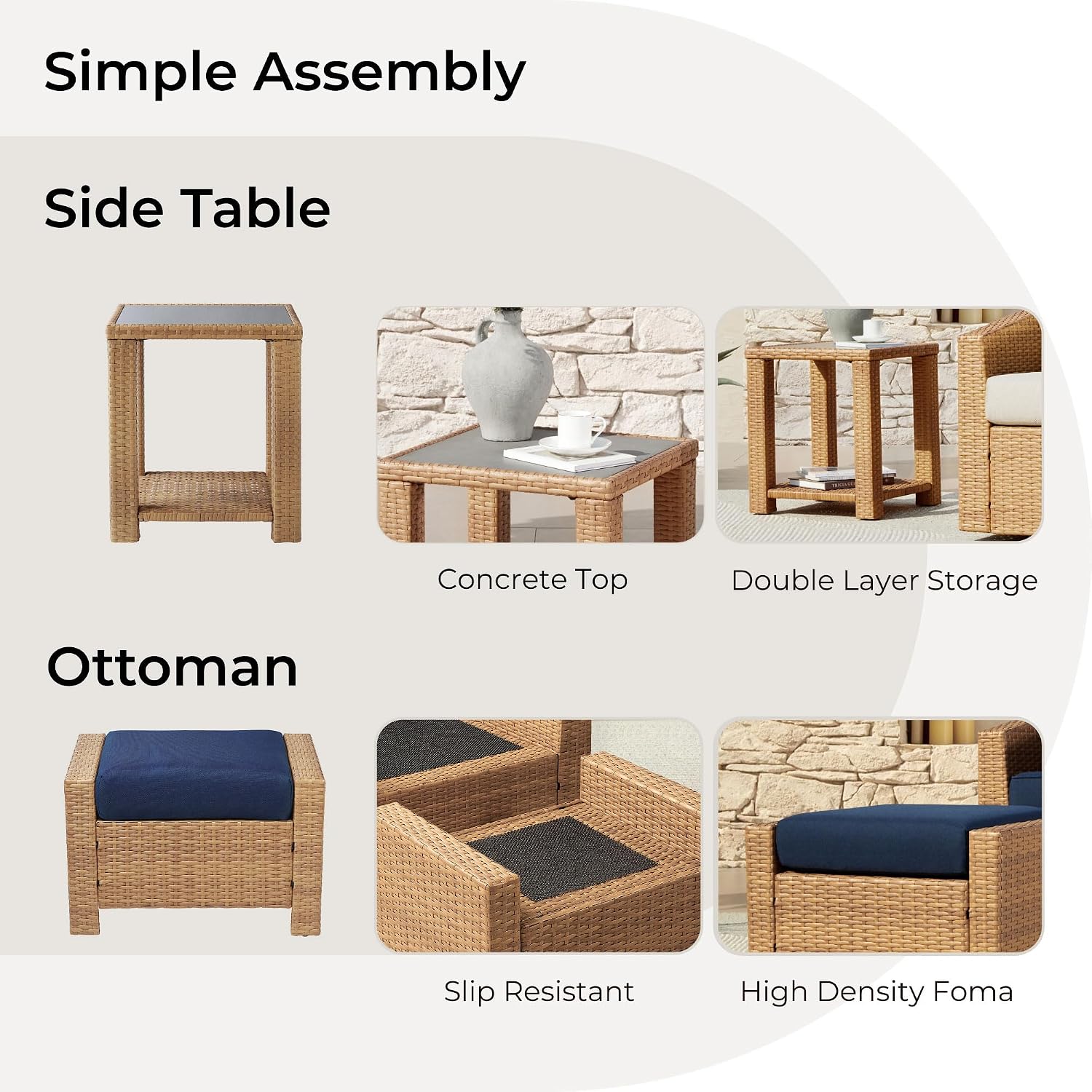 CHITA 5 Pieces Swivel Wicker Patio Furniture Set, Outdoor Conversation Set with 2 Pieces Rattan Swivel Chairs, 2 Pieces Ottomans, Thickened Cushions and Side Table, Blue Cushions with Brown Wicker