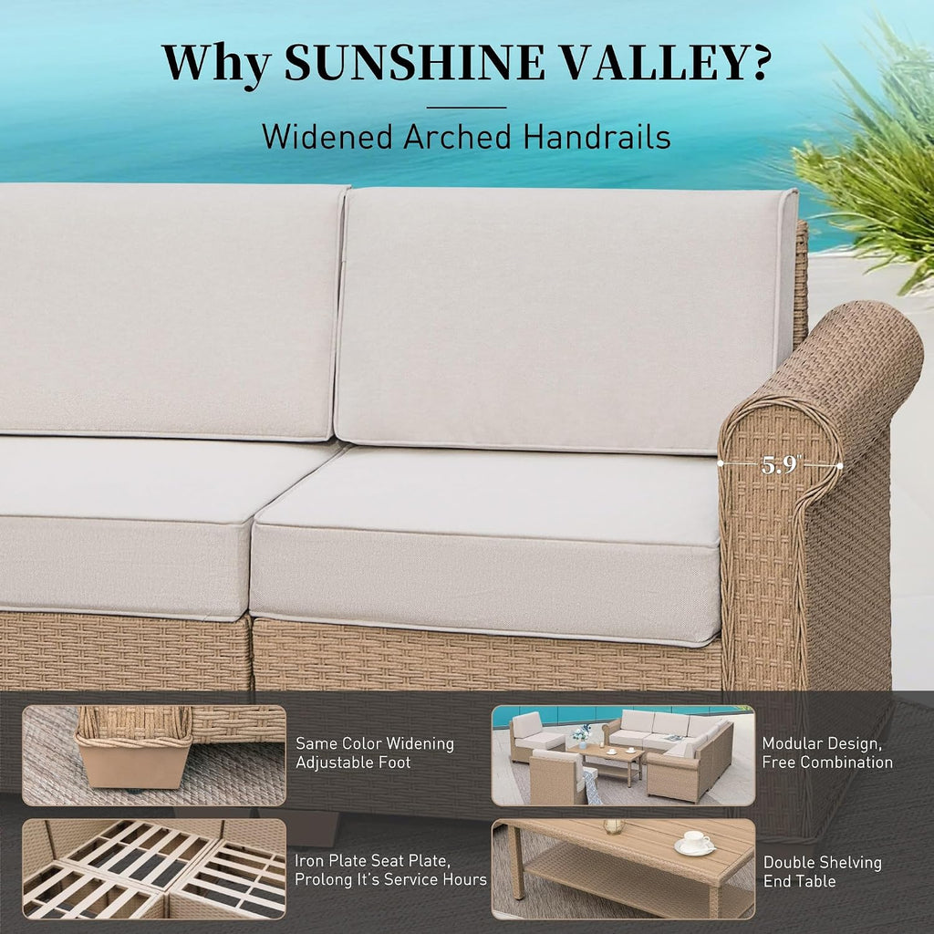 SUNSHINE VALLEY Patio Furniture Set, Wicker Outdoor Furniture Sectional Sofa with Fire Pit Table, 5 Seats Modular Conversation Set with 5.5' Thick Waterproof Cushion for Garden Deck Backyard, Beige