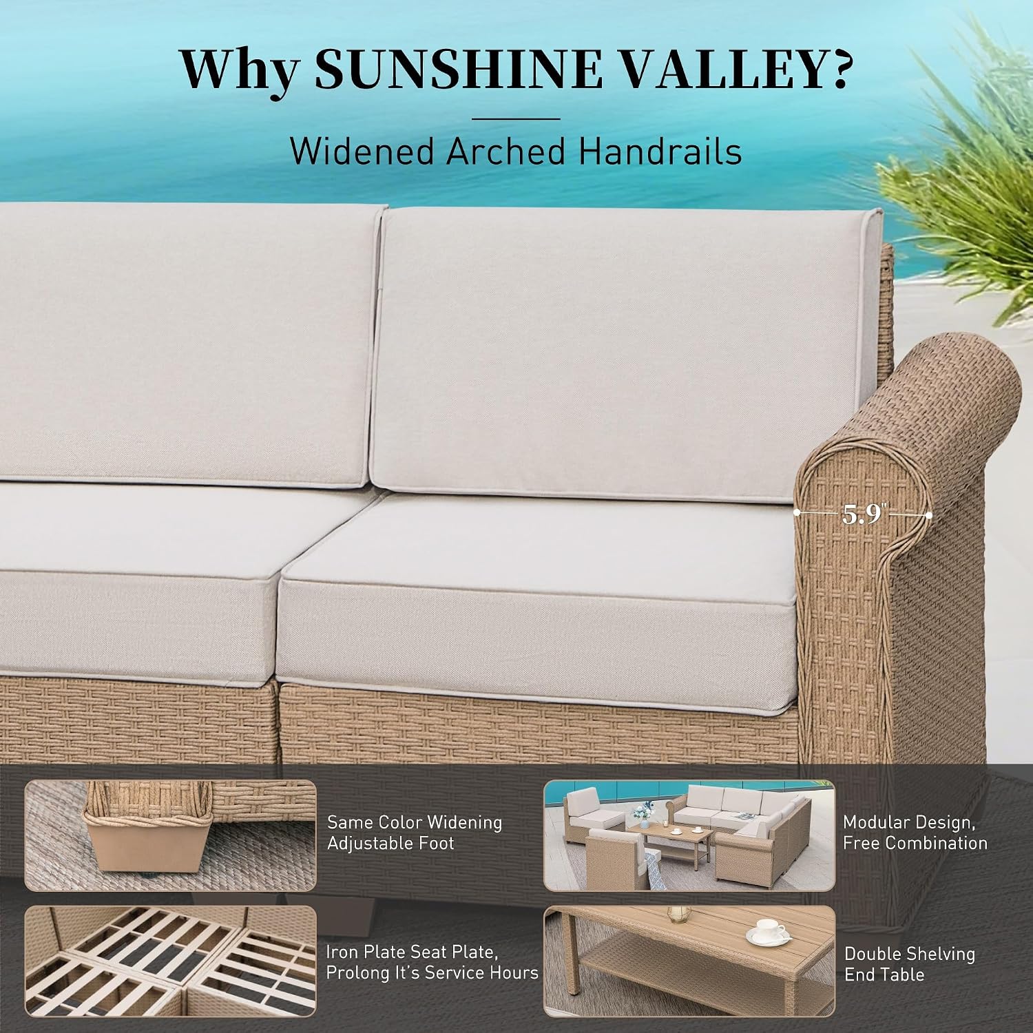 SUNSHINE VALLEY Patio Furniture Set, Wicker Outdoor Furniture Sectional Sofa with Fire Pit Table, 5 Seats Modular Conversation Set with 5.5' Thick Waterproof Cushion for Garden Deck Backyard, Beige