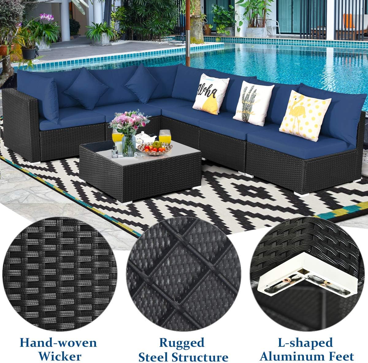 COSTWAY 7 Pieces Patio Furniture Set, Outdoor Rattan Conversation Set with 6 Seats, Coffee Tea Table, Soft Cushions, Wicker Patio Sectional Sofa for Garden Balcony Porch Poolside, Navy