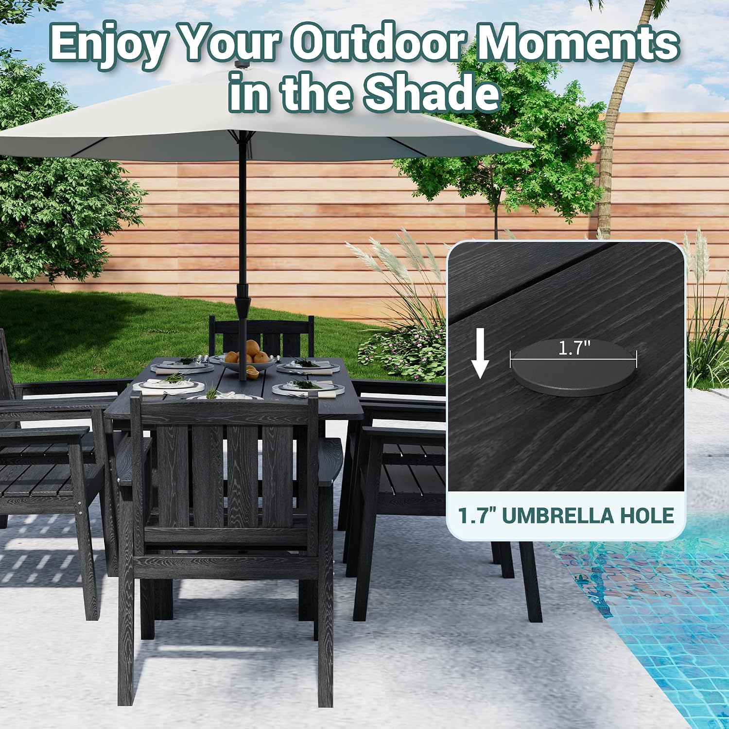 Pamapic 7 PCS Outdoor Dining Set, Spacious HDPE Outdoor Table and Chairs, Wood Grain Patio Furniture Sets with Elegant Armrest, All-Weather Patio Dining Table with Umbrella Hole, Black