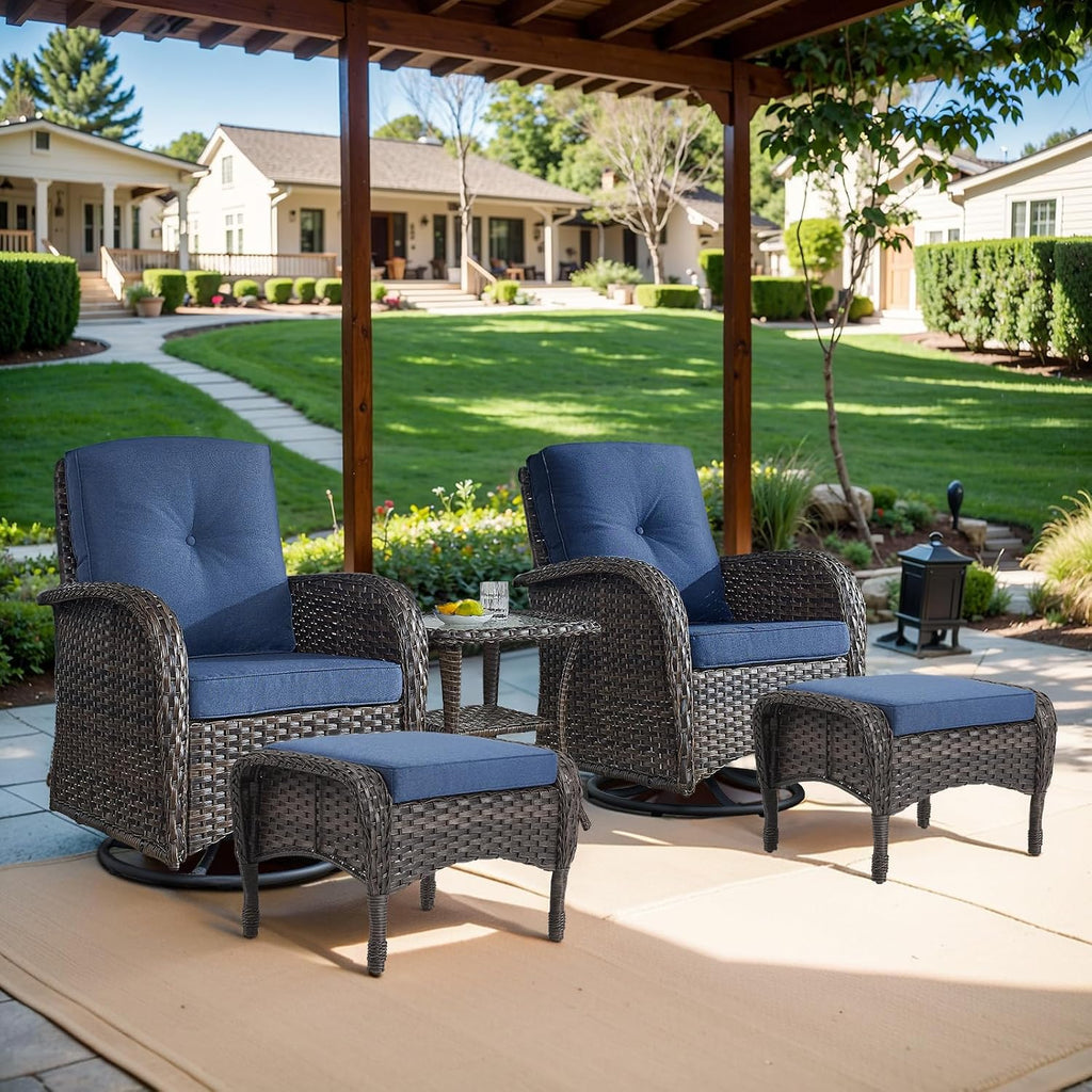Belord Small Conversation Sets Patio Funiture - 5 Piece Outdoor Swivel Rocker Wicker Furniture Sets with Ottomans Side Table Perfect for Patio Deck Backyard, Brown Wicker Blue Cushion
