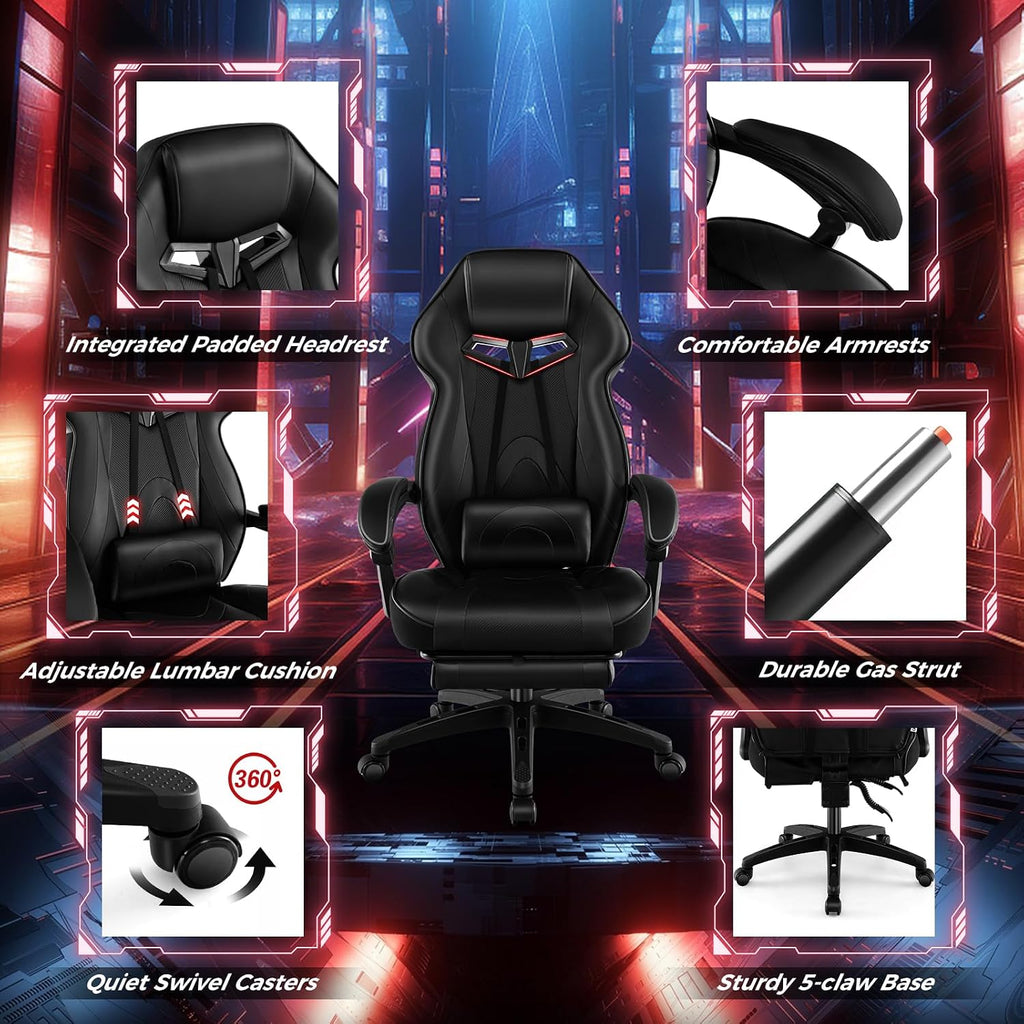 COSTWAY Gaming Chair, Ergonomic Adjustable Racing Video Game Chair w/Retractable Footrest, Padded Headrest & Lumbar Support, High Back Reclining Home Office Computer Gamer Chair for Adults (Black)
