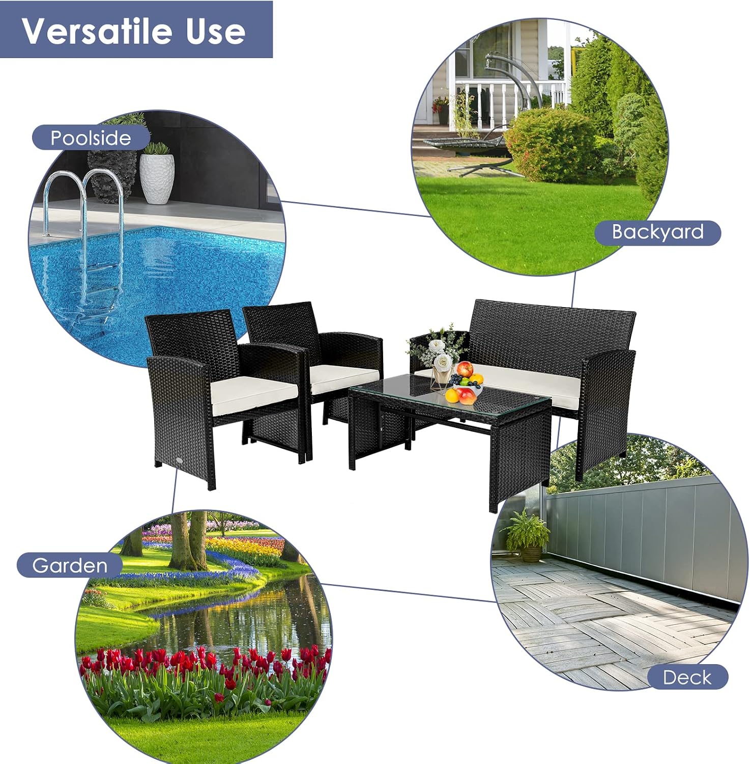 COSTWAY 4 Piece Patio Furniture Set, Outdoor PE Rattan Wicker Sectional Sofa with Cushion and Coffee Table, Patio Conversation Sets for Balcony Lawn Porch Patio Backyard Garden Poolside, White