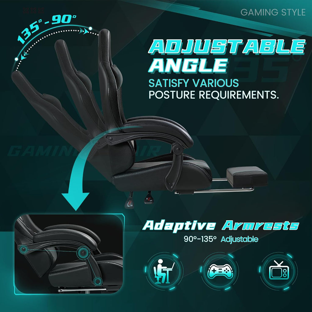 Gaming Chair with RGB, Computer Gaming Chairs with LED Lights and Footrest for Home, Office, Black