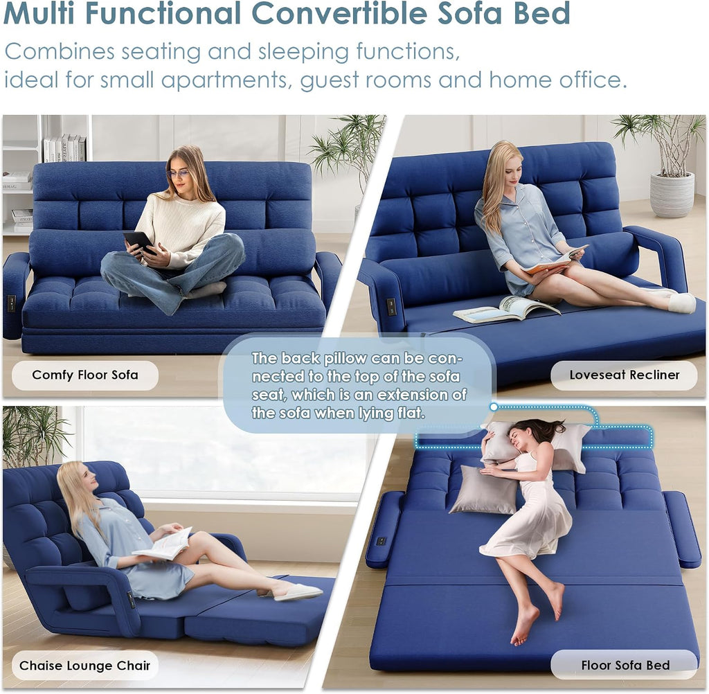 STHOUYN Comfy Bedroom Chair with 2 USB Charging Ports, 5-Position Floor Couch Gaming Chairs for Adults, Lounge Chair Indoor Folding Lazy Sofa Meditation Arm Dorm Chair Living Room (Navy Blue)