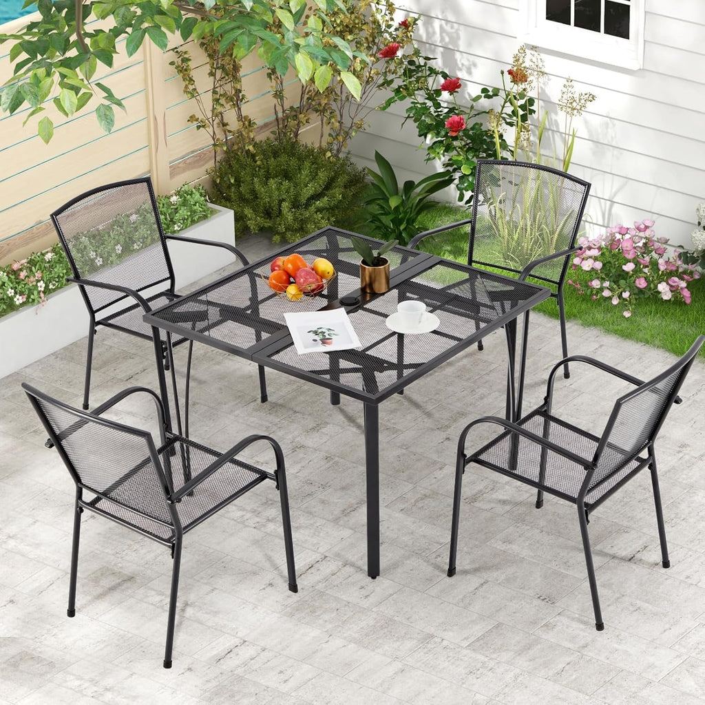 AECOJOY39.4 Outdoor Patio Dining Table and Chairs Set for 4, Square Metal Patio Table with 1.6' Umbrella Hole, All-Weather Resistant Outdoor Furniture Table Set for Patio, Backyard, Garden, Poolside